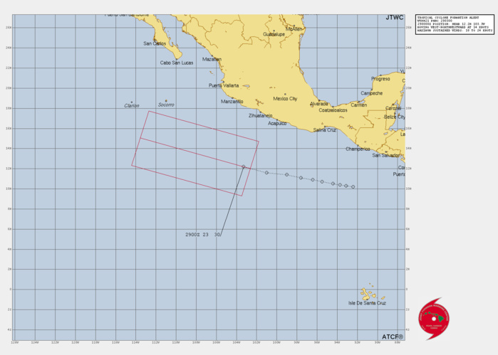 FORMATION OF A SIGNIFICANT TROPICAL CYCLONE IS POSSIBLE WITHIN A 120 NM RADIUS OF 12.1N 103.3W WITHIN THE NEXT 12 TO 24 HOURS. AVAILABLE DATA DOES NOT JUSTIFY ISSUANCE OF NUMBERED TROPICAL CYCLONE WARNINGS AT THIS TIME. WINDS IN THE AREA ARE ESTIMATED TO BE 18 TO 23 KNOTS. METSAT IMAGERY AT 290000Z INDICATES THAT A CIRCULATION CENTER IS LOCATED NEAR 12.1N 103.3W. THE SYSTEM IS MOVING WESTWARD AT 19 KM/H. 2. REMARKS: AN AREA OF CONVECTION (INVEST 94E) HAS PERSISTED NEAR  12.1N 103.3W, APPROXIMATELY 2660 KM SOUTHEAST OF SAN DIEGO, CALIFORNIA.  ANIMATED MULTISPECTRAL SATELLITE IMAGERY (MSI) AND A 290052Z SSMIS 91GHZ  IMAGE DEPICT A SMALL LOW PRESSURE SYSTEM WITH LOW LEVEL RAIN BANDS  WRAPPING INTO A LOW-LEVEL CIRCULATION CENTER. UPPER LEVEL ANALYSIS  INDICATES THE DISTURBANCE IS LOCATED IN AN AREA OF FAVORABLE (5-10 KNOTS)  VERTICAL WIND SHEAR, GOOD POLEWARD OUTFLOW AND WARM SEA SURFACE  TEMPERATURES (28-29C). GLOBAL MODELS ARE IN GENERAL AGREEMENT THAT INVEST  94E WILL TRACK GENERALLY WEST AS IT INTENSIFIES OVER THE EASTERN PACIFIC.  MAXIMUM SUSTAINED SURFACE WINDS ARE ESTIMATED AT 18 TO 23 KNOTS. MINIMUM  SEA LEVEL PRESSURE IS ESTIMATED TO BE NEAR 1010 MB. THE POTENTIAL FOR THE  DEVELOPMENT OF A SIGNIFICANT TROPICAL CYCLONE WITHIN THE NEXT 24 HOURS IS  UPGRADED TO HIGH.