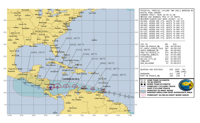 000 WTNT42 KNHC 290248 TCDAT2  Potential Tropical Cyclone Two Discussion Number   6 NWS National Hurricane Center Miami FL       AL022022 1100 PM AST Tue Jun 28 2022  Satellite imagery suggests that the disturbance is slowly getting better organized, with gradually increasing convective banding in the northern semicircle.  However, surface observations from Trinidad, Tobago, and Grenada indicate that the system has not yet developed a closed circulation.  Therefore, it still has the status  of a potential tropical cyclone.  The initial intensity remains 35  kt based on the various surface observations.  The disturbance is forecast to be in an environment of low shear and  warm sea surface temperatures if it remains offshore, and this  should lead the system to become a tropical cyclone in 12-24 hr.   Strengthening is likely to be slow until the system moves away from  the coast of South America after 36 h, at which time a faster  development appears likely.  The new intensity forecast is similar  to the previous forecast and calls for the system to reach hurricane  strength over the southwestern Caribbean Sea by the 72 h point.   Later in the forecast period, the global models still suggest that  the cyclone's low-level circulation will remain intact after  crossing Central America and this is also shown by the NHC forecast.  The system is moving a little faster with the initial motion now a  somewhat uncertain  285/23 kt.  A general westward motion near or  just north of the coast of South America with some decrease in  forward speed is expected during the next day or two due to the  presence of a low- to mid-level ridge to the north.  A south of west  motion may occur for a time while the system is over the  southwestern Caribbean Sea. The new forecast track is similar to the  previous track is lies close to the various consensus models.