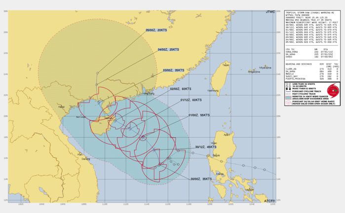 FORECAST REASONING.  SIGNIFICANT FORECAST CHANGES: INCREASING MAX INTENSITY TO 60 KTS BEGINNING AT TAU 36 THROUGH TAU 48, JUST BEFORE LANDFALL OVER EASTERN HAINAN.  FORECAST DISCUSSION: TS CHABA WILL TRACK NORTH-NORTHWESTWARD AND STRENGTHEN TO 55 KTS OVER THE NEXT 24 HOURS. BY TAU 36, THE STR TO THE NORTHEAST WILL BUILD IN CAUSING THE SYSTEM TO SHIFT TO A MORE NORTHWESTWARD TRACK. AT THIS TIME INTENSITY WILL INCREASE TO 60 KTS DUE TO TS CHABA PASSING UNDER AN AREA OF DECREASED VERTICAL WIND SHEAR (5-10KTS) AND KEEP INTENSITY AT 60 KTS BY TAU 48, JUST BEFORE PASSING OVER THE EASTERN PORTION OF THE ISLAND OF HAINAN. BY TAU 72, TS CHABA WILL SUCCUMB TO THE AFFECTS OF LAND INTERACTION BETWEEN HAINAN AND MAINLAND CHINA AND WILL DECREASE IN INTENSITY TO 35 KTS. TAUS 96 AND 120 TAKE THE SYSTEM OVER LAND IN SOUTHERN CHINA WHERE DISSIPATION WILL OCCUR.