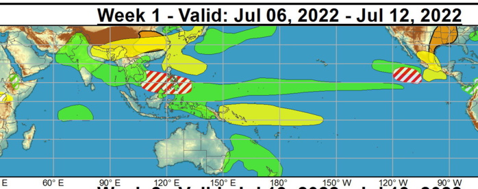 During the past week, four tropical cyclones formed globally. Typhoon Chaba developed over the South China Sea and made landfall over southern China.Tropical Storm Aere formed northeast of the Philippines and brought flooding rains to parts of Japan. Hurricane Bonnie formed over the southwestern Caribbean and crossed westward over Central America, emerging over the East Pacific and strengthening to hurricane intensity. Hurricane Bonnie is expected to remain well south of Mexico as it moves generally westward towards cooler waters. Tropical Storm Colin formed briefly near the coast of South Carolina, bringing spotty convection and some gusty winds to the South Atlantic coast. During Week-1, no additional tropical cyclones are favored to develop across the Atlantic basin. Across the West Pacific, an enhanced monsoon trough may provide a favorable environment for tropical cyclogenesis, with the best chances for formations at a fairly low latitude east of the Philippines or across the South China Sea. This region may remain active into Week-2. Dynamical models indicate a potential for tropical cyclone development further east in the vicinity of Guam during Week-2 as well. Across the East Pacific, conditions may become increasingly favorable for TC formation across the East Pacific during late Week-1 into Week-2, with dynamical models indicating one or more potential TCs forming south of Mexico. NOAA During the past week, four tropical cyclones formed globally. Typhoon Chaba developed over the South China Sea and made landfall over southern China.Tropical Storm Aere formed northeast of the Philippines and brought flooding rains to parts of Japan. Hurricane Bonnie formed over the southwestern Caribbean and crossed westward over Central America, emerging over the East Pacific and strengthening to hurricane intensity. Hurricane Bonnie is expected to remain well south of Mexico as it moves generally westward towards cooler waters. Tropical Storm Colin formed briefly near the coast of South Carolina, bringing spotty convection and some gusty winds to the South Atlantic coast. During Week-1, no additional tropical cyclones are favored to develop across the Atlantic basin. Across the West Pacific, an enhanced monsoon trough may provide a favorable environment for tropical cyclogenesis, with the best chances for formations at a fairly low latitude east of the Philippines or across the South China Sea. This region may remain active into Week-2. Dynamical models indicate a potential for tropical cyclone development further east in the vicinity of Guam during Week-2 as well. Across the East Pacific, conditions may become increasingly favorable for TC formation across the East Pacific during late Week-1 into Week-2, with dynamical models indicating one or more potential TCs forming south of Mexico. NOAA
