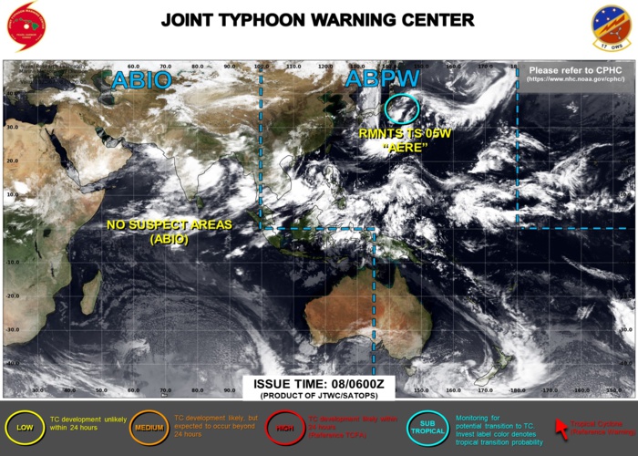 THE AREA OF CONVECTION (REMNANTS 05W) PREVIOUSLY LOCATED NEAR 33.9N 145.4E IS NOW LOCATED NEAR 34.3N 144.6E, APPROXIMATELY 460 KM EAST-SOUTHEAST OF TOKYO JAPAN. THE SYSTEM IS CURRENTLY CLASSIFIED AS A SUBTROPICAL STORM, GENERALLY CHARACTERIZED AS HAVING BOTH TROPICAL AND MID-LATITUDE CYCLONE FEATURES. ANIMATED MULTISPECTRAL SATELLITE IMAGERY (MSI) DEPICTS DEEP CONVECTION SHEARED TO THE WEST OF AN EXPOSED AND ELONGATED LOW LEVEL CIRCULATION CENTER (LLCC). A PARTIAL 080033Z ASCAT-C PASS REVEALS 30KT WINDS IN THE NORTHERN AND SOTHERN PERIPHERIES OF THE LLCC. ENVIRONMENTAL ANALYSIS INDICATES A MARGINAL ENVIRONMENT WITH COOL (26C) SEA SURFACE TEMPERATURES, OFFSET BY LOW TO MODERATE (15-20KT) VERTICAL WIND SHEAR AND GOOD POLEWARD AND EQUATORWARD OUTFLOW ALOFT, WHICH IS CONDUCIVE FOR TROPICAL TRANSITION. GLOBAL MODELS ARE IN TIGHT AGREEMENT THAT REMNANTS 05W WILL HAVE AN ASYMMETRIC WIND FIELD AS IT TRACKS NORTHWESTWARD TOWARDS SOUTHERN HOKKAIDO. MAXIMUM SUSTAINED SURFACE WINDS ARE ESTIMATED AT 30 TO 35 KNOTS. MINIMUM SEA LEVEL PRESSURE IS ESTIMATED TO BE NEAR 990 MB. FOR HAZARDS AND WARNINGS, REFERENCE THE FLEET WEATHER CENTER SAN DIEGO HIGH WINDS AND SEAS PRODUCT OR REFER TO LOCAL WMO DESIGNATED FORECAST AUTHORITY. THE POTENTIAL FOR THE SYSTEM TO TRANSITION INTO A SIGNIFICANT TROPICAL CYCLONE WITHIN THE NEXT 24 HOURS REMAINS LOW. THE AREA OF CONVECTION (REMNANTS 05W) PREVIOUSLY LOCATED NEAR 33.9N 145.4E IS NOW LOCATED NEAR 34.3N 144.6E, APPROXIMATELY 460 KM EAST-SOUTHEAST OF TOKYO JAPAN. THE SYSTEM IS CURRENTLY CLASSIFIED AS A SUBTROPICAL STORM, GENERALLY CHARACTERIZED AS HAVING BOTH TROPICAL AND MID-LATITUDE CYCLONE FEATURES. ANIMATED MULTISPECTRAL SATELLITE IMAGERY (MSI) DEPICTS DEEP CONVECTION SHEARED TO THE WEST OF AN EXPOSED AND ELONGATED LOW LEVEL CIRCULATION CENTER (LLCC). A PARTIAL 080033Z ASCAT-C PASS REVEALS 30KT WINDS IN THE NORTHERN AND SOTHERN PERIPHERIES OF THE LLCC. ENVIRONMENTAL ANALYSIS INDICATES A MARGINAL ENVIRONMENT WITH COOL (26C) SEA SURFACE TEMPERATURES, OFFSET BY LOW TO MODERATE (15-20KT) VERTICAL WIND SHEAR AND GOOD POLEWARD AND EQUATORWARD OUTFLOW ALOFT, WHICH IS CONDUCIVE FOR TROPICAL TRANSITION. GLOBAL MODELS ARE IN TIGHT AGREEMENT THAT REMNANTS 05W WILL HAVE AN ASYMMETRIC WIND FIELD AS IT TRACKS NORTHWESTWARD TOWARDS SOUTHERN HOKKAIDO. MAXIMUM SUSTAINED SURFACE WINDS ARE ESTIMATED AT 30 TO 35 KNOTS. MINIMUM SEA LEVEL PRESSURE IS ESTIMATED TO BE NEAR 990 MB. FOR HAZARDS AND WARNINGS, REFERENCE THE FLEET WEATHER CENTER SAN DIEGO HIGH WINDS AND SEAS PRODUCT OR REFER TO LOCAL WMO DESIGNATED FORECAST AUTHORITY. THE POTENTIAL FOR THE SYSTEM TO TRANSITION INTO A SIGNIFICANT TROPICAL CYCLONE WITHIN THE NEXT 24 HOURS REMAINS LOW.