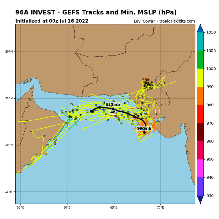 GLOBAL MODELS ARE IN FAIR AGREEMENT THAT 96A WILL TRACK  NORTHWARD TOWARDS THE NORTHWESTERN COAST OF INDIA, WHERE GFS SHOWS A  MORE WEST-NORTHWESTWARD TRACK.