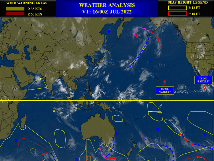 Invest 96A up-graded to MEDIUM//TS 05E(DARBY) weakening south of Hawaii//TS 06E(ESTELLE) to peak by 48h, 16/04utc