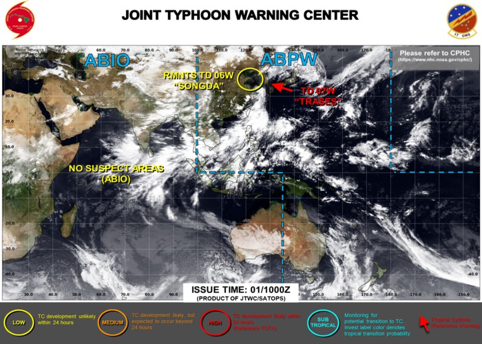 JTWC IS ISSUING 6HOURLY WARNINGS ON TD 07W(TRASES). FINAL WARNING ON TD 06W(SONGDA) WAS ISSUED AT 01/03UTC. 3HOURLY SATELLITE BULLETINS ARE ISSUED ON BOTH SYSTEMS. 12HOURLY WARNINGS WERE DISCONTINUED ON TC 01S AT 31/09UTC WHEREAS 3HOURLY SATELLITE BULLETINS WERE TERMINATED AT 31/1415UTC.