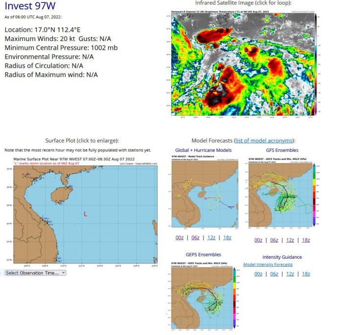 THE AREA OF CONVECTION (INVEST 97W) PREVIOUSLY LOCATED NEAR  16.8N 118.4E IS NOW LOCATED NEAR 17.5N 114.2E, APPROXIMATELY 426 NM  WEST-NORTHWEST OF MANILA, PHILIPPINES. ANIMATED MULTISPECTRAL  SATELLITE IMAGERY DEPICTS A BROAD, DISORGANIZED CIRCULATION IN THE  SOUTH CHINA SEA. A 070245Z ASCAT METOP-B PARTIAL PASS CAUGHT THE  WESTERN SIDE OF THE CIRCULATION WHILE A 070000Z SCATTEROMETER BULLSEYE  SHOWED A BETTER ORGANIZED LOW LEVEL CIRCULATION CENTER (LLCC) IN THE  NORTH CENTRAL SCS.  THE TWO TOGETHER CONTINUE TO SHOW TWO DISTINCT  VORTICES, ONE ASSOCIATED WITH 97W AND ANOTHER FURTHER TO THE  SOUTHWEST. THE SCATTEROMETER PASSES REVEALED A BROAD WIND FIELD OF 15- 20 KTS WITH SOME ISOLATED POCKETS OF ENHANCED WINDS ASSOCIATED WITH  AREAS OF FLARING CONVECTION, AND SOME ELEVATED WINDS UP TO 25-30KT TO  THE SOUTH IN THE SOUTHWEST MONSOONAL FLOW. ENVIRONMENTAL ANALYSIS  SHOWS MORE OF AN EQUATORWARD OUTFLOW. ANIMATED TOTAL PRECIPITABLE  WATER DATA INDICATES AN ABUNDANCE OF DEEP MOISTURE IN THE CENTRALIZED  REGION OF 97W BUT SOMEWHAT DRIER CONDITIONS TO THE NORTH, AND BROAD  TURNING IN THE WIND FIELDS WITH AN INCREASE IN CONVECTIVE ACTIVITY. A  STEADY DECREASE IN SHEAR, LOW VERTICAL WIND SHEAR (5-10KT), SEASONAL  LOW LEVEL SOUTHWESTERLIES, AND WARM (29-30C) SEA SURFACE TEMPERATURES  ADD TO THE LIKELIHOOD OF FURTHER DEVELOPMENT. GLOBAL MODELS AGREE THAT  97W IS LIKELY TO DEVELOP A LARGE WIND FIELD AND EXPECTED TO BE MORE  ASYMMETRICAL AND REMINISCENT OF A MONSOON DEPRESSION WITH HIGHER WINDS  ON THE OUTSKIRTS OF THE SYSTEM RATHER THAN WRAPPING TOWARDS THE  CENTER. MODELS SUGGEST THE LLCC ASSOCIATED WITH 97W WILL TRACK  WESTWARD INITIALLY, FOLLOWED BY A COUNTER-CLOCKWISE LOOP IN THE  CENTRAL SCS, BEFORE ULTIMATELY MOVING NORTHWARD AFTER TAU 48.  UNFORTUNATELY BEYOND TAU 48, THE MONSOON DEPRESSION IS EXPECTED TO  CONSOLIDATE DOWN TO A MORE DEFINED CENTER AND MAY SQUEEZE OUT SOME  TROPICAL DEPRESSION OR TROPICAL STORM CRITERIA WINDS AS IT TRACKS  NORTHWARD TOWARDS THE COAST OF SOUTHERN CHINA BY TAU 60. MAXIMUM  SUSTAINED SURFACE WINDS ARE ESTIMATED AT 18 TO 23 KNOTS. MINIMUM SEA  LEVEL PRESSURE IS ESTIMATED TO BE NEAR 1005 MB. THE POTENTIAL FOR THE  DEVELOPMENT OF A SIGNIFICANT TROPICAL CYCLONE WITHIN THE NEXT 24 HOURS  IS MEDIUM.