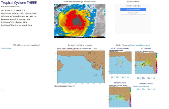 SATELLITE ANALYSIS, INITIAL POSITION AND INTENSITY DISCUSSION: ANIMATED MULTISPECTRAL SATELLITE IMAGERY (MSI) DEPICTS A SHEARED SYSTEM, WITH DEEP FLARING CONVECTION DISPLACED TO THE WEST OF A PARTIALLY OBSCURED LOW LEVEL CIRCULATION CENTER (LLCC). TC 03A HAS EMERGED OFF THE GUJARAT PENINSULA AND MOVED WESTWARD UNDER A MARGINALLY FAVORABLE UPPER-LEVEL FLOW PATTERN, WHICH ALLOWED FOR A BRIEF BURST OF CONVECTIVE DEVELOPMENT AND ORGANIZATION. JTWC HAND ANALYSIS OF 120000Z UPPER-LEVEL ATMOSPHERIC MOTION VECTORS (AMVS) REVEALED A POINT SOURCE OVER TOP OF THE LLCC, WHICH HAS INDUCED RELATIVELY LOW SHEAR, IN THE 10-15 KNOT RANGE. SUBSEQUENT AMVS REVEAL THIS POINT SOURCE IS MOVING OFF TO THE WEST OF THE LLCC, LEAVING IT VULNERABLE TO INCREASING EASTERLY PRESSURE AND SHEAR, ALREADY STARTING TO INCREASE. A 120044Z SSMIS 91GHZ MICROWAVE IMAGE REVEALS DISORGANIZED DEEP CONVECTION CURVED CYCLONICALLY IN TOWARDS THE CENTER, THROUGHOUT THE WESTERN HEMISPHERE OF THE SYSTEM. THE INITIAL POSITION IS ASSESSED WITH MEDIUM CONFIDENCE BASED ON AN EXTRAPOLATION OF THE MICROWAVE IMAGERY AND THE PGTW FIX POSITION. A 120620Z ASCAT-B PARTIAL PASS REVEALED 35-40 KNOT WINDS IN THE WESTERN HEMISPHERE OF THE CIRCULATION, LENDING INCREASED CONFIDENCE TO THE INITIAL INTENSITY, WHICH IS NUDGED HIGHER THAN THE AGENCY DVORAK FIXES. THE SYSTEM LIES IN A MARGINAL ENVIRONMENT WITH WARM (28-29C) SSTS, MODERATE VWS (20-25 KTS) AND STRONG EQUATORWARD OUTFLOW. THE SYSTEM LIES IN A WEAK STEERING ENVIRONMENT, CAUGHT IN A COL REGION BETWEEN A RIDGE OVER THE SAUDI PENINSULA, A WESTWARD EXTENSION OF THE STR OVER FAR NORTHERN INDIA AND A NEAR EQUATORIAL RIDGE (NER) JUST SOUTHWEST OF SOUTHERN INDIA.