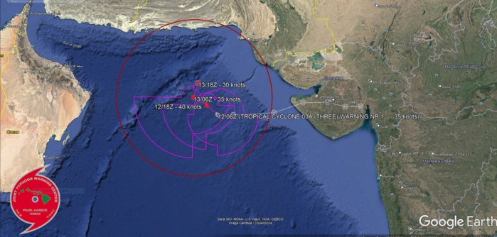 FORECAST REASONING.  SIGNIFICANT FORECAST CHANGES: THIS INITIAL PROGNOSTIC REASONING MESSAGE ESTABLISHES THE FORECAST PHILOSOPHY.  FORECAST DISCUSSION: TC 03A RAPIDLY DEVELOPED AND INTENSIFIED TO A TROPICAL STORM STRENGTH AFTER EMERGING OVER WATER. NOW THAT ITS MOVED INTO THE NORTH-CENTRAL NORTH ARABIAN SEA, IT HAS MOVED INTO A WEAK STEERING PATTERN, TRAPPED BETWEEN COMPETING STEERING INFLUENCES OF A SERIES OF DEEP-LAYER RIDGES TO THE WEST, NORTH AND SOUTH. OVER THE NEXT 24 TO 36 HOURS, THE WESTERN EXTENSION OF RIDGE TO THE NORTH IS EXPECTED TO RECEDE AND WEAKEN, AND THE SOUTHERN RIDGE WILL BECOME THE DOMINANT STEERING MECHANISM, WITH THE RIDGE OF THE SAUDI PENINSULA ACTING AS A BLOCK TO MUCH FURTHER WESTWARD MOVEMENT. AS THE NER TO THE SOUTH MOVES DRIFTS NORTHWARD, IT WILL PUSH TC 03A NORTH AS WELL, WITH THE SYSTEM FORECAST TO SLOWLY MOVE NORTHWEST THEN NORTH THROUGH THE FORECAST PERIOD. THE BEST ENVIRONMENTAL CONDITIONS ARE OCCURRING NOW OR LIKELY ALREADY COME AND GONE, AND THUS THE SYSTEM IS LIKELY TO EXPERIENCE ONLY A VERY SHORT WINDOW OF OPPORTUNITY FOR FURTHER INTENSIFICATION, WITH A PEAK OF 40 KNOTS POSSIBLE BY TAU 12. THEREAFTER, AS THE UPPER-LEVEL POINT SOURCE DISSIPATES AND MOVES AWAY, THE GENERALLY STRONG EASTERLY FLOW ALOFT ASSOCIATED WITH THE TROPICAL EASTERLY JET (TEJ) WILL MOVE IN ONCE MORE, AND SHEAR THE SYSTEM APART. THIS WILL BE ACCOMPANIED BY AN INFLUX OF DRY AND DUSTY AIR FROM THE DESERTS OF AFGHANISTAN AND PAKISTAN, WHICH WILL SMOTHER ANY REMNANT CONVECTION, LEAVING AN EXPOSED AND STEADILY WEAKENING CIRCULATION WHICH IS EXPECTED TO DISSIPATE AS A TROPICAL CYCLONE NO LATER THAN TAU 36.