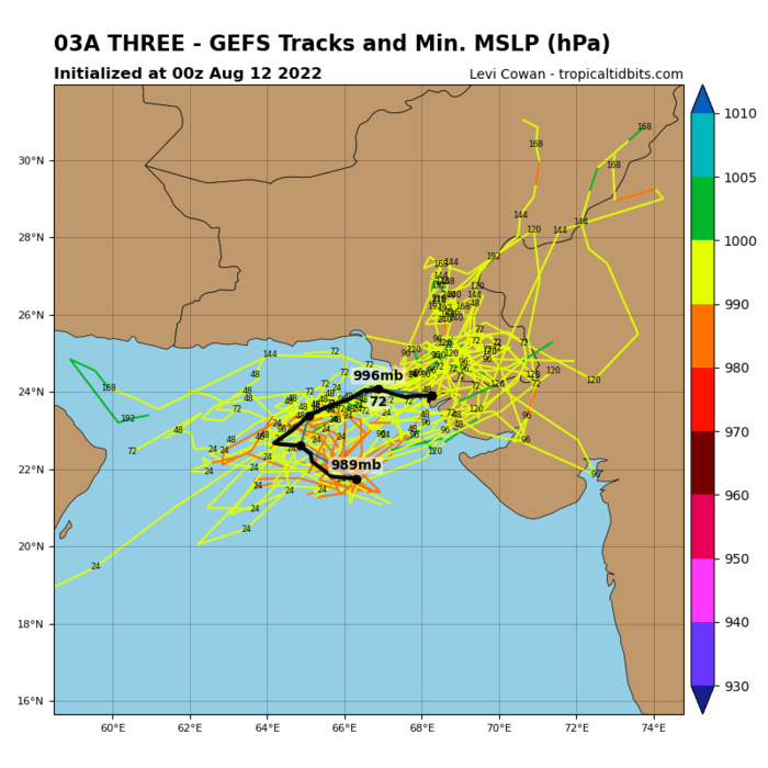 MODEL DISCUSSION: DETERMINISTIC TRACK GUIDANCE IS IN GENERAL AGREEMENT, AT LEAST THROUGH THE DURATION OF THE FORECAST, WITH ALL CONSENSUS MEMBERS AGREEING ON A SLOW WEST-NORTHWESTWARD TRACK THROUGH TAU 24, FOLLOWED BY A SHARP TURN TO THE NORTH-NORTHEAST BY TAU 36. SPREAD IS ROUGHLY 140NM BETWEEN THE BULK OF THE MODELS, WITH GFS ON THE FAR WEST AND ECMWF ON THE FAR EAST SIDE OF THE ENVELOPE. NAVGEM MEANWHILE IS DISCOUNTED AS IT TRACKS THE CIRCULATION BACK OVER LAND EAST OF KARACHI BY TAU 36, WHICH IS HIGHLY UNREALISTIC. THE JTWC FORECAST LIES CLOSE TO THE CONSENSUS MEAN WITH MEDIUM CONFIDENCE. INTENSITY GUIDANCE IS ALSO IN FAIRLY GOOD AGREEMENT, WITH HWRF, COAMPS-TC AND DECAY-SHIPS (GFS) INDICATING A PEAK OF 40 KNOTS AT TAU 12 FOLLOWED BY STEADY WEAKENING TO 30 KNOTS BY TAU 36. THE JTWC FORECAST LIES ON THE CONSENSUS MEAN THROUGH TAU 12 AND DISSIPATES THE SYSTEM AT 30 KNOTS BAY TAU 36, IN LINE WITH THE BULK OF THE GUIDANCE, WITH MEDIUM CONFIDENCE.