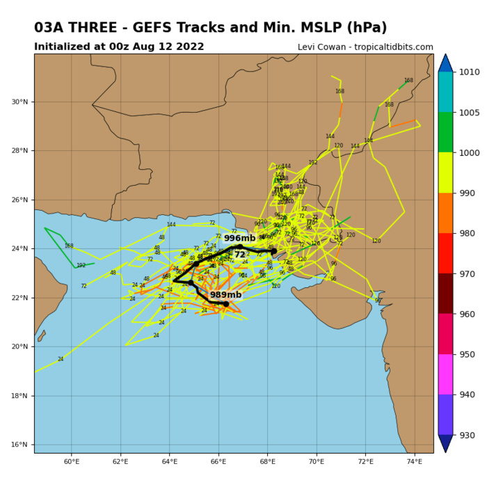 MODEL DISCUSSION: DETERMINISTIC TRACK GUIDANCE IS IN GENERAL AGREEMENT, AT LEAST THROUGH THE DURATION OF THE FORECAST, WITH ALL CONSENSUS MEMBERS AGREEING ON A SLOW WEST-NORTHWESTWARD TRACK THROUGH TAU 24, FOLLOWED BY A SHARP TURN TO THE NORTH-NORTHEAST BY TAU 36. SPREAD IS ROUGHLY 140NM BETWEEN THE BULK OF THE MODELS, WITH GFS ON THE FAR WEST AND ECMWF ON THE FAR EAST SIDE OF THE ENVELOPE. NAVGEM MEANWHILE IS DISCOUNTED AS IT TRACKS THE CIRCULATION BACK OVER LAND EAST OF KARACHI BY TAU 36, WHICH IS HIGHLY UNREALISTIC. THE JTWC FORECAST LIES CLOSE TO THE CONSENSUS MEAN WITH MEDIUM CONFIDENCE. INTENSITY GUIDANCE IS ALSO IN FAIRLY GOOD AGREEMENT, WITH HWRF, COAMPS-TC AND DECAY-SHIPS (GFS) INDICATING A PEAK OF 40 KNOTS AT TAU 12 FOLLOWED BY STEADY WEAKENING TO 30 KNOTS BY TAU 36. THE JTWC FORECAST LIES ON THE CONSENSUS MEAN THROUGH TAU 12 AND DISSIPATES THE SYSTEM AT 30 KNOTS BAY TAU 36, IN LINE WITH THE BULK OF THE GUIDANCE, WITH MEDIUM CONFIDENCE. MODEL DISCUSSION: DETERMINISTIC TRACK GUIDANCE IS IN GENERAL AGREEMENT, AT LEAST THROUGH THE DURATION OF THE FORECAST, WITH ALL CONSENSUS MEMBERS AGREEING ON A SLOW WEST-NORTHWESTWARD TRACK THROUGH TAU 24, FOLLOWED BY A SHARP TURN TO THE NORTH-NORTHEAST BY TAU 36. SPREAD IS ROUGHLY 140NM BETWEEN THE BULK OF THE MODELS, WITH GFS ON THE FAR WEST AND ECMWF ON THE FAR EAST SIDE OF THE ENVELOPE. NAVGEM MEANWHILE IS DISCOUNTED AS IT TRACKS THE CIRCULATION BACK OVER LAND EAST OF KARACHI BY TAU 36, WHICH IS HIGHLY UNREALISTIC. THE JTWC FORECAST LIES CLOSE TO THE CONSENSUS MEAN WITH MEDIUM CONFIDENCE. INTENSITY GUIDANCE IS ALSO IN FAIRLY GOOD AGREEMENT, WITH HWRF, COAMPS-TC AND DECAY-SHIPS (GFS) INDICATING A PEAK OF 40 KNOTS AT TAU 12 FOLLOWED BY STEADY WEAKENING TO 30 KNOTS BY TAU 36. THE JTWC FORECAST LIES ON THE CONSENSUS MEAN THROUGH TAU 12 AND DISSIPATES THE SYSTEM AT 30 KNOTS BAY TAU 36, IN LINE WITH THE BULK OF THE GUIDANCE, WITH MEDIUM CONFIDENCE.