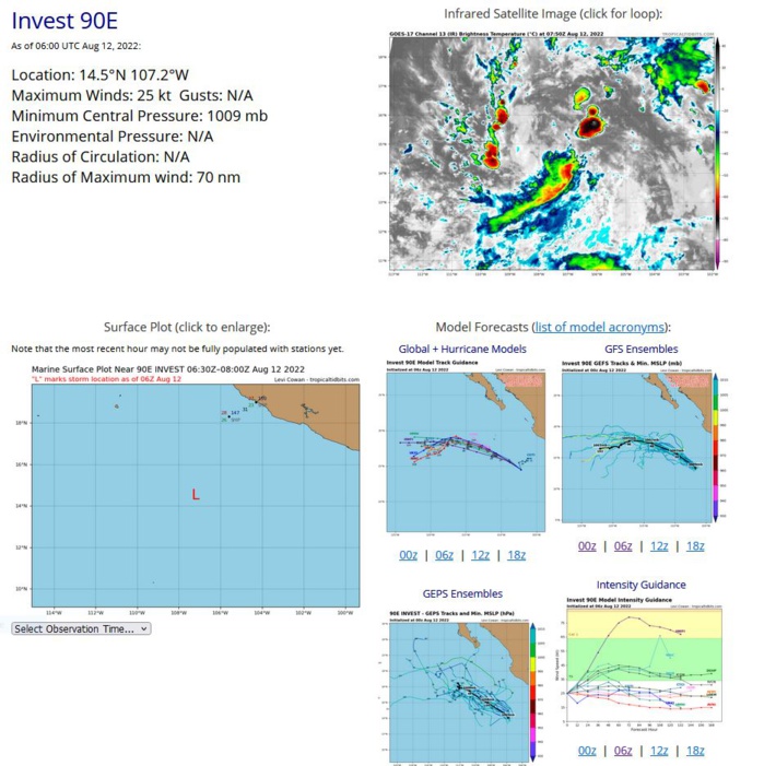 FORMATION OF A SIGNIFICANT TROPICAL CYCLONE IS POSSIBLE WITHIN 150 NM EITHER SIDE OF A LINE FROM 14.3N 106.8W TO 17.3N 112.4W WITHIN THE NEXT 12 TO 24 HOURS. AVAILABLE DATA DOES NOT JUSTIFY ISSUANCE OF NUMBERED TROPICAL CYCLONE WARNINGS AT THIS TIME. WINDS IN THE AREA ARE ESTIMATED TO BE 22 TO 27 KNOTS. METSAT IMAGERY AT 120600Z INDICATES THAT A CIRCULATION CENTER IS LOCATED NEAR 14.5N 107.2W. THE SYSTEM IS MOVING WEST-NORTHWESTWARD AT 09 KNOTS. 2. REMARKS: AN AREA OF CONVECTION (INVEST 90E) HAS PERSISTED NEAR 14.5N  107.2W, APPROXIMATELY 524 NM SOUTH-SOUTHEAST OF CABO SAN LUCAS, MEXICO.  ANIMATED ENHANCED INFRARED (EIR) SATELLITE IMAGERY AND A 120107Z SSMIS  91GHZ IMAGE DEPICT A MORE CONSOLIDATED LOW-LEVEL CIRCULATION CENTER  (LLCC) WITH CONVECTIVE BANDS ON THE NORTHERN AND SOUTHERN PERIPHERY  WRAPPING INTO THE CENTER. ENVIRONMENTAL ANALYSIS INDICATES THE  DISTURBANCE REMAINS UNDER AN AREA OF FAVORABLE (5-10 KNOTS) VERTICAL WIND  SHEAR, WITH GOOD RADIAL OUTFLOW IN THE UPPER LEVELS, AND WARM (29-30C)  SEA SURFACE TEMPERATURES. GLOBAL MODELS AGREE ON INVEST 90E TRACKING  WEST-NORTHWEST AND DEVELOPING TO AT LEAST TROPICAL DEPRESSION STRENGTH  BEFORE MOVING INTO AN AREA OF STRONG SHEAR BY TAU 72. MAXIMUM SUSTAINED SURFACE WINDS ARE ESTIMATED AT 22 TO 27 KNOTS. MINIMUM SEA LEVEL PRESSURE IS ESTIMATED TO BE NEAR 1002 MB. THE POTENTIAL FOR THE DEVELOPMENT OF A SIGNIFICANT TROPICAL CYCLONE WITHIN THE NEXT 24 HOURS REMAINS HIGH.