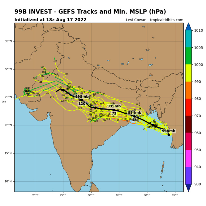 MULTIPLE DETERMINISTIC MODELS  INDICATE INVEST 99B WILL TRACK TO THE WEST-NORTHWEST AS A CIRCULATION,  WITH GFS BEING THE MOST AGGRESSIVE FOR CONSOLIDATION AND INTENSITY. BOTH  GEFS AND ECMWF ENSEMBLES HAVE MEMBERS THAT SHOW POTENTIAL TC DEVELOPMENT  WHILE INVEST 99B TRANSITS THE NORTHERN BAY OF BENGAL.