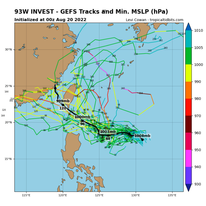 GLOBAL MODELS AGREE ON A WEST- NORTHWESTWARD TRACK TOWARD TAIWAN BUT HAVE DISPARITY IN THE  INTENSIFICATION OF 93W WITH ECMWF BEING THE SURPRISE AGGRESSOR HERE  AND GFS BEING MORE LAID BACK. ENSEMBLES HOWEVER HAVE HIGH MEMBER  GROUPING AND SHOW 93W GETTING TO THAT OF STORM STRENGTH BY TAU 96.