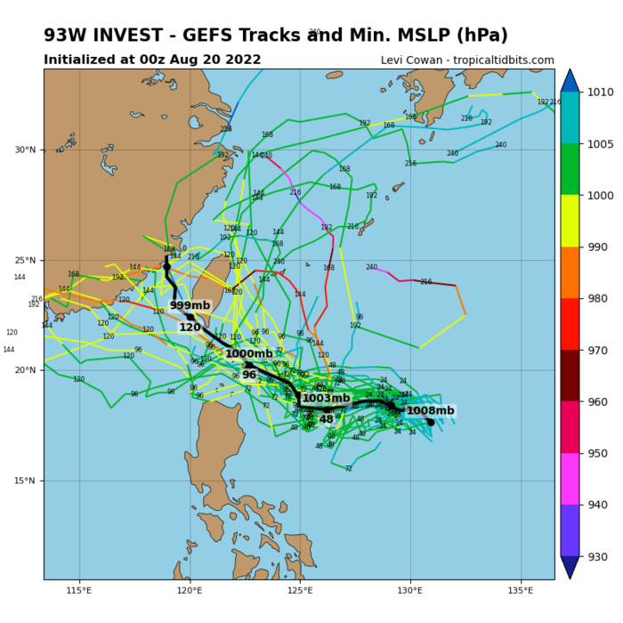 GLOBAL MODELS AGREE ON A WEST- NORTHWESTWARD TRACK TOWARD TAIWAN BUT HAVE DISPARITY IN THE INTENSIFICATION OF 93W WITH ECMWF BEING THE SURPRISE AGGRESSOR HERE AND GFS BEING MORE LAID BACK. ENSEMBLES HOWEVER HAVE HIGH MEMBER GROUPING AND SHOW 93W GETTING TO THAT OF STORM STRENGTH BY TAU 96. GLOBAL MODELS AGREE ON A WEST- NORTHWESTWARD TRACK TOWARD TAIWAN BUT HAVE DISPARITY IN THE INTENSIFICATION OF 93W WITH ECMWF BEING THE SURPRISE AGGRESSOR HERE AND GFS BEING MORE LAID BACK. ENSEMBLES HOWEVER HAVE HIGH MEMBER GROUPING AND SHOW 93W GETTING TO THAT OF STORM STRENGTH BY TAU 96.