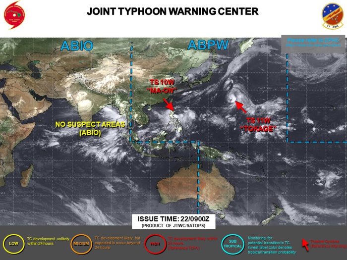 JTWC IS ISSUING 6HOURLY WARNINGS ON 10W AND 11W. 3HOURLY SATELLITE BULLETINS ARE ISSUED ON BOTH SYSTEMS.
