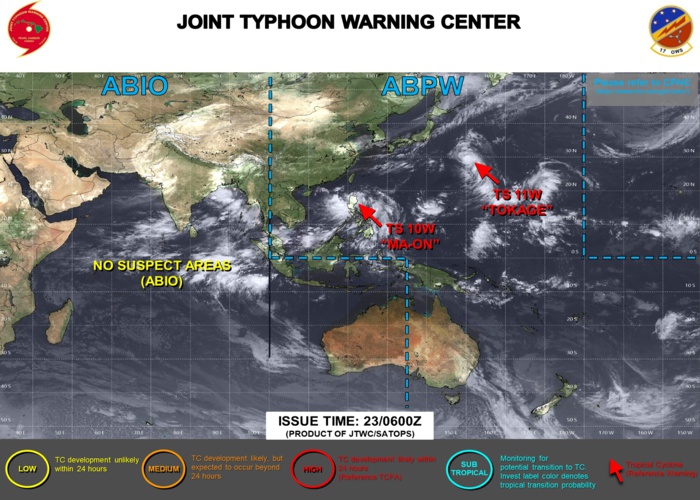 JTWC IS ISSUING 6HOURLY WARNINGS ON 10W AND 11W. 3HOURLY SATELLITE BULLETINS ARE ISSUED ON BOTH SYSTEMS. JTWC IS ISSUING 6HOURLY WARNINGS ON 10W AND 11W. 3HOURLY SATELLITE BULLETINS ARE ISSUED ON BOTH SYSTEMS.