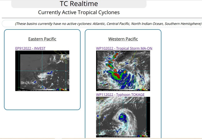 TY 11W(TOKAGE) peaked as a CAT 3 US//TS 10W(MA-ON): forecast landfall SW of Hong Kong by 24h// Invests 98W & 91E, 24/09utc TY 11W(TOKAGE) peaked as a CAT 3 US//TS 10W(MA-ON): forecast landfall SW of Hong Kong by 24h// Invests 98W & 91E, 24/09utc