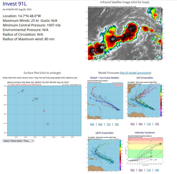 ZCZC MIATWOAT ALL TTAA00 KNHC DDHHMM  Tropical Weather Outlook NWS National Hurricane Center Miami FL 200 AM EDT Tue Aug 30 2022  For the North Atlantic...Caribbean Sea and the Gulf of Mexico:  1. Central Tropical Atlantic: A broad and elongated area of low pressure located about 875 miles  east of the Lesser Antilles is producing a large area of  disorganized cloudiness and thunderstorms.  Although environmental  conditions are only marginally conducive, some gradual development  of this system is expected over the next several days and a  tropical depression is likely to form later this week.  The  disturbance is forecast to move slowly toward the west and then  west-northwest at 5 to 10 mph, toward the adjacent waters of the  northern Leeward Islands.  Additional information on this system  can be found in high seas forecasts issued by the National Weather  Service.  * Formation chance through 48 hours...medium...50 percent. * Formation chance through 5 days...high...80 percent.