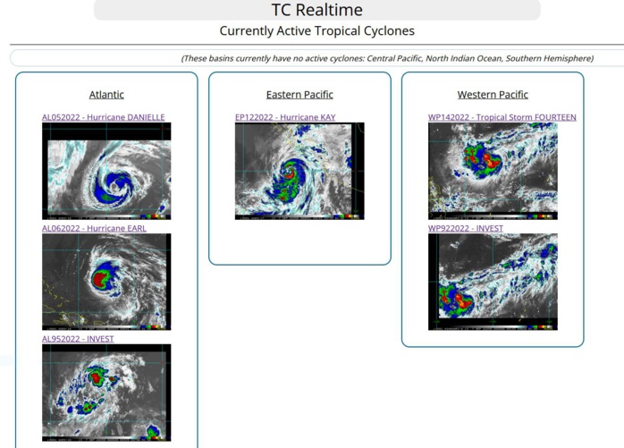 14W forecast to reach Typhoon intensity before 48h//HU 12E(KAY)//HU 05L(DANIELLE)//HU 06L(EARL)//Invest 90B, 07/06utc