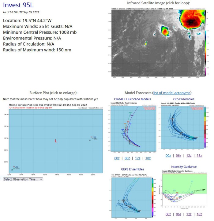 ZCZC MIATWOAT ALL TTAA00 KNHC DDHHMM  Tropical Weather Outlook NWS National Hurricane Center Miami FL 200 AM EDT Fri Sep 9 2022  For the North Atlantic...Caribbean Sea and the Gulf of Mexico:  Active Systems: The National Hurricane Center is issuing advisories on Hurricane  Earl, located about 100 miles southeast of Bermuda.  1. Central Tropical Atlantic:  A gale-force low pressure system located about 1200 miles east of  the Leeward Islands continues to produce disorganized showers and  thunderstorms that are displaced well to the northeast of the  circulation center due to strong upper-level winds.  Although the  upper-level winds are expected to remain strong, the low still has  some opportunity during the next day or so to become a short-lived  tropical cyclone while moving toward the west-northwest at about 15  mph into the central subtropical Atlantic.  For more information on  this system, including gale warnings, please refer to the High Seas  Forecasts issued by the National Weather Service. * Formation chance through 48 hours...medium...40 percent. * Formation chance through 5 days...medium...40 percent.