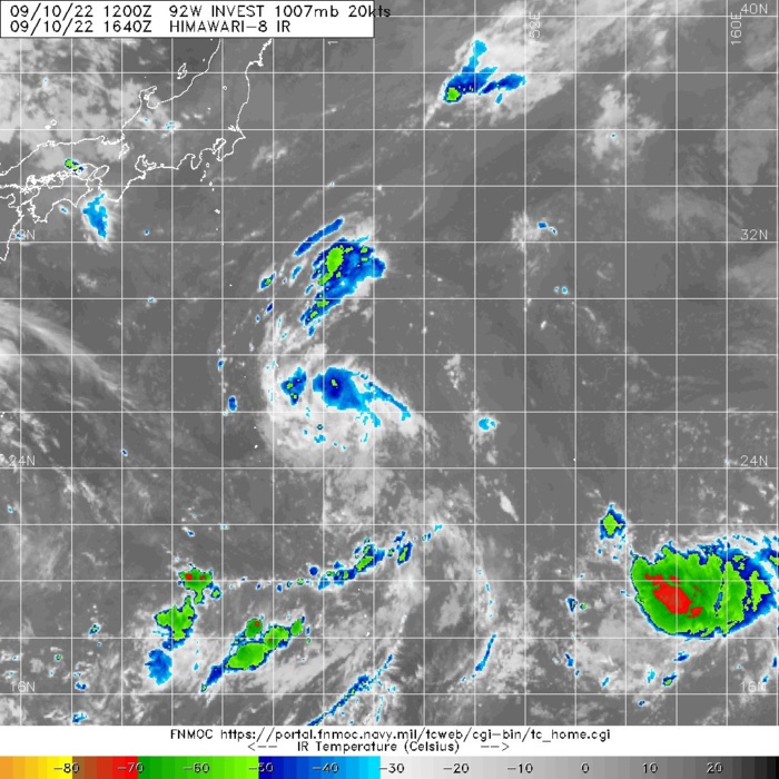 THE AREA OF CONVECTION (INVEST 92W) PREVIOUSLY LOCATED NEAR  27.2N 147.0E IS NOW LOCATED NEAR 26.6N 147.5E, APPROXIMATELY 346 NM  EAST-NORTHEAST OF IWO TO.  ANIMATED MULTISPECTRAL (MSI) SATELLITE  IMAGERY AND A 092054Z SSMIS MICROWAVE IMAGE DEPICT A FULLY OBSCURED  LOW LEVEL CIRCULATION (LLC) WITH DEEP CONVECTION TRACKING TO WEST- SOUTHWEST. ENVIRONMENTAL ANALYSIS INDICATES A MARGINALLY FAVORABLE  ENVIRONMENT FOR TROPICAL DEVELOPMENT WITH MODERATE (15-20 KNOTS)  VERTICAL WIND SHEAR, FAIR EQUATORWARD UPPER LEVEL OUTFLOW, AND WARM  (28-29C) SEA SURFACE TEMPERATURES. GLOBAL MODELS ARE IN AGREEMENT  THAT INVEST 92W WILL GRADUALLY TRACK WEST OVER THE NEXT 48 HOURS WITH  LITTLE TO NO DEVELOPMENT. MAXIMUM SUSTAINED SURFACE WINDS ARE  ESTIMATED AT 18 TO 22 KNOTS. MINIMUM SEA LEVEL PRESSURE IS ESTIMATED  TO BE NEAR 1007 MB. THE POTENTIAL FOR THE DEVELOPMENT OF A  SIGNIFICANT TROPICAL CYCLONE WITHIN THE NEXT 24 HOURS REMAINS LOW.