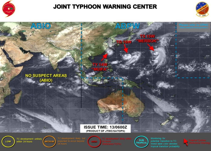 JTWC IS ISSUING 6HOURLY WARNINGS AND 3HOURLY SATELLITE BULLETINS ON 14W(MUIFA),15W(MERBOK) AND 16W.