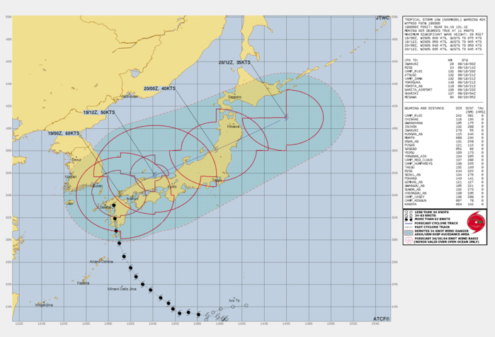 FORECAST REASONING.  SIGNIFICANT FORECAST CHANGES: THERE ARE NO SIGNIFICANT CHANGES TO THE FORECAST FROM THE PREVIOUS WARNING.  FORECAST DISCUSSION: BASED ON THE SATELLITE AND RADAR DATA, TS 16W HAS ALREADY STARTED THE DECAPITATION PROCESS, WITH THE LOWER AND UPPER-LEVELS ALREADY BECOMING DECOUPLED. MEANWHILE, THE FRONTAL SYSTEM PUSHING OUT OF NORTHEAST ASIA HAS BEEN MOVING SOUTHWARD AT A RATHER LEISURELY RATE, AND THIS ALLOWED TS 16W TO PUSH A BIT FURTHER NORTHWARD BEFORE IT FINALLY TURNED TO THE EAST. BUT A BURST OF COLD AIR PUSHING OUT OF SIBERIA IS PUSHING THE FRONT FORWARD MORE QUICKLY NOW AND THE SOUTHERN EDGE OF THE FRONT SHOULD START TO IMPINGE ON THE WESTERN SIDE OF THE TS 16WS CIRCULATION WITHIN THE NEXT SIX HOURS OR SO. WHEN THIS OCCURS, HIGH-RESOLUTION MODELING SUGGESTS THE DEVELOPMENT OF VERY STRONG, NEAR TYPHOON STRENGTH WINDS, ALONG THE VERY TIGHT GRADIENT TO THE NORTH AND NORTHWEST OF THE CENTER AS THE SYSTEM SLIDES TO THE NORTHEAST ALONG THE COAST OF NORTHERN HONSHU. THIS BURST OF HIGH WINDS SHOULD BE RELATIVELY SHORT-LIVED, AS THE GRADIENT WILL WEAKEN AS TS 16W ALSO WEAKENS AND BY TAU 24, THE INTENSITY WILL BE DOWN TO 40 KNOTS AS THE SYSTEM MAKES ANOTHER LANDFALL IN NORTHWEST HONSHU. THE SYSTEM WILL DRAMATICALLY PICK UP SPEED TO ABOUT 30 KNOTS, OR ROUGHLY 50 PERCENT OF THE 500MB FLOW, DRIVING NORTHEAST ALONG THE FRONTAL BOUNDARY AS IT PUSHES TO THE EAST. THE SYSTEM WILL BEGIN EXTRATROPICAL TRANSITION (ETT) WITHIN THE NEXT 12 HOURS AND WILL TRANSITION TO A GALE-FORCE, COLD-CORE LOW EAST OF HOKKAIDO BY TAU 36.