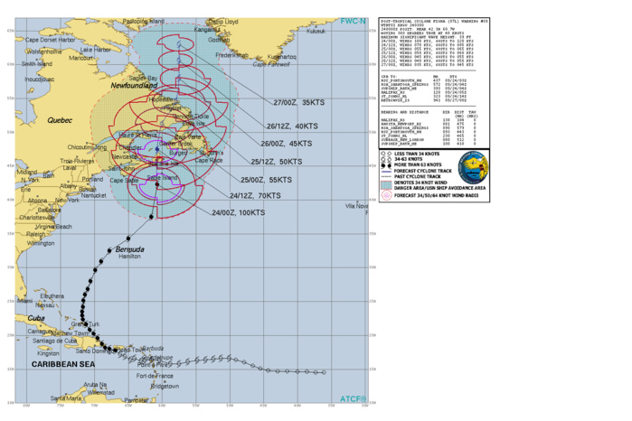 Post-Tropical Cyclone Fiona Discussion Number  39 NWS National Hurricane Center Miami FL       AL072022 1100 PM AST Fri Sep 23 2022  Satellite images and observations from an Air Force Hurricane  Hunter aircraft indicate that Fiona is now an intense  extratropical cyclone.  The system's appearance has evolved into  a comma-shaped cloud pattern with a frontal band extending well to  the south and southwest.  Data from the Hurricane Hunters indicate  that the radius of maximum winds is on the order of 100 miles or  more.  Although the minimum central pressure is a very low 933 mb,  the maximum winds have decreased to near 90 kt.  The cyclone has been moving very rapidly northward or around 360/40  kt on the eastern side of a deep-layer trough.  Fiona should slow  its forward speed while it interacts with the trough during the  next couple of days.  The official track forecast has been adjusted  a little to the west of the previous one for the next 12-24 hours,  and is on the western side of the track model suite.  Fiona's  center should move over eastern Nova Scotia shortly, and then  traverse the eastern Gulf of Saint Lawrence, eastern Labrador and  move over the southeastern Labrador Sea.  It should be repeated  that strong winds, heavy rains, and storm surges are occurring well  away from the center.  Gradual weakening is anticipated during the next couple of day, and  Fiona's winds should drop below hurricane strength in 24 hours or  so.  The system should wind down to a marginal gale center after  moving into the southeastern Labrador Sea, and the global models  indicate that the system should dissipate to the west of Greenland  in about 4 days.  The official intensity forecast remains on the  high end of the model guidance.   Key Messages:  1. Fiona is expected to affect portions of Atlantic Canada as a powerful hurricane-force cyclone overnight, and significant impacts  from high winds, storm surge, and heavy rainfall are expected.  Hurricane and Tropical Storm Warnings are in effect for much of  Atlantic Canada.  2. Large swells generated by Fiona are expected to cause life-threatening surf and rip current conditions along much of the east coast of the United States, the northwestern Bahamas, Bermuda, and Atlantic Canada during the next couple of days.