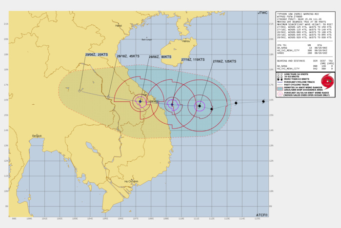 FORECAST REASONING.  SIGNIFICANT FORECAST CHANGES: THERE ARE NO SIGNIFICANT CHANGES TO THE FORECAST FROM THE PREVIOUS WARNING.  FORECAST DISCUSSION: OVER THE PAST 12 HOURS, TY NORU TOOK A BIT OF A JOG TO THE SOUTH BUT HAS RECENTLY TURNED BACK TO THE NORTH AND NOW SEEMS TO HAVE STEADIED UP ON A WESTWARD HEADING. AS THE SYSTEM WOBBLED IT ALSO SLOWED SIGNIFICANTLY, CUTTING TRACK SPEED IN HALF, DOWN TO JUST 8 KNOTS SINCE 0000Z. WHILE SOME ADDITIONAL WOBBLE IS CERTAINLY A POSSIBILITY GOING FORWARD, THE OVERALL TRACK MOTION IS FORECAST TO REMAIN JUST A SHADE NORTH OF DUE WEST THROUGH LANDFALL, AS THE SYSTEM TRACKS ALONG THE SOUTHERN SIDE OF THE DEEP STR CENTERED TO THE NORTH OF HONG KONG. EVEN THOUGH THE SYSTEM CONTINUES TO FIGHT MIGHTILY AGAINST THE STRONG AND PERSISTENT EASTERLY SHEAR, IT WILL NOT BE ABLE TO SUSTAIN THAT FIGHT MUCH LONGER, AND WILL BEGIN TO WEAKEN FROM NOW THROUGH LANDFALL UNDER THE  INFLUENCE OF THE SHEAR AND POSSIBLE EYEWALL REPLACEMENT CYCLE (ERC).  HOWEVER, THE SYSTEM IS STILL ANTICIPATED TO BE A VERY STRONG TYPHOON  WHEN IT CROSSES THE COAST IN THE VICINITY OF DA NANG AROUND TAU 18.  ONCE ASHORE THE SYSTEM WILL RAPIDLY WEAKEN DUE TO FRICTIONAL EFFECTS  OF THE RUGGED TERRAIN AND ULTIMATELY DISSIPATE OVER NORTHEAST THAILAND  BY TAU 48.