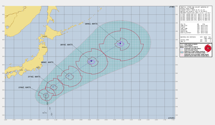 FORECAST REASONING.  SIGNIFICANT FORECAST CHANGES: THERE ARE NO SIGNIFICANT CHANGES TO THE FORECAST FROM THE PREVIOUS WARNING.  FORECAST DISCUSSION: HAVING REACHED THE STEERING RIDGE AXIS, TROPICAL STORM 19W (KULAP) HAS BEGUN TO SHIFT OVER TO A NORTHEASTWARD TRACK OVER THE PAST FEW HOURS. THIS TREND WILL CONTINUE AS THE SYSTEM MOVES NORTH OF THE RIDGE AXIS AND ACCELERATE NORTHEASTWARD ALONG THE WESTERN SIDE OF THE STEERING RIDGE. WHILE THE OVERALL ENVIRONMENT WOULD SUGGEST WEAKENING DUE TO THE HIGH SHEAR, THE FORECAST CALLS FOR INTENSIFICATION THROUGH THE FORECAST PERIOD, FOR TWO PRIMARY REASONS; FIRST THE VERY ROBUST OUTFLOW ALOFT IS ENOUGH TO OFFSET THE SHEAR, AT LEAST IN THE NEAR-TERM AS THE RELATIVE SHEAR IS A BIT LOWER DUE TO THE STORM MOTION  AND SHEAR VECTOR BEING IN PHASE. SECONDLY, BY AROUND TAU 24 TO 36, AS  THE SYSTEM MOVES NORTHEASTWARD, IT WILL BEGIN TO INTERACT AND COME IN  PHASE WITH A STRONG 500MB SHORTWAVE TROUGH, WHICH WILL INDUCE STRONG POSITIVE VORTICITY OVER TOP OF THE SYSTEM, AS WELL AS ENHANCED THERMAL ADVECTION LEADING TO STRONG BAROCLINIC FORCING AND INTENSIFICATION AS THE SYSTEM BEGINS EXTRATROPICAL TRANSITION (ETT). AS INDICATED BY PHASE-SPACE DIAGRAMS AND GLOBAL MODEL FIELDS, TS 19W WILL REMAIN A WARM-CORE SYSTEM AS IT TRANSITIONS, BECOMING AN INSTANT WARM-SECLUSION TYPE EXTRATROPICAL LOW BY TAU 48, WHICH WILL LIKELY CONTINUE TO INTENSIFY EVEN AFTER COMPLETION OF ETT (AND THE END OF THE FORECAST) AS IT MOVES INTO THE BERING SEA BY AROUND TAU 72.