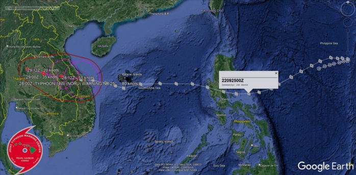 REMARKS: 280300Z POSITION NEAR 16.1N 107.3E. 28SEP22. TYPHOON 18W (NORU), LOCATED APPROXIMATELY 29 NM WEST OF DA NANG, VIETNAM, HAS TRACKED WESTWARD AT 12 KNOTS OVER THE PAST SIX HOURS. ANIMATED RADAR DATA CONFIRMS THAT TY 18W MADE LANDFALL JUST SOUTH OF DA NANG, VIETNAM AT 272100Z AND HAS SINCE RAPIDLY  MOVED INLAND. ANIMATED MULTISPECTRAL SATELLITE IMAGERY (MSI) DEPICTS DEEP CONVECTION STILL PERSISTING, HOWEVER, IS  INCREASINGLY BEING SHEARED TO THE SOUTHWEST. THE MSI, ANIMATED  RADAR DATA, AND ANALYSIS OF WIND OBSERVATIONS ACROSS THE REGION  PROVIDED HIGH CONFIDENCE TO THE INTIAL POSITION. THE INITIAL  INTENSITY OF 80 KNOTS IS ASSESSED WITH MEDIUM CONFIDENCE BASED  ON AN RJTD OVER LAND DVORAK CURRENT INTENSITY ESTIMATE OF T5.0,  AND MSLP OBSERVATIONS SURROUNDING THE CENTER REPORTING 986MB.  THE SYSTEM IS FORECASTED TO CONTINUE MOVING RAPIDLY INLAND TO  THE WEST-NORTHWEST ALONG THE SOUTHERN PERIPHERY OF A DEEP-LAYER  SUBTROPICAL RIDGE (STR) TO THE NORTH AND ULTIMATELY DISSIPATING  OVER SOUTHEAST ASIA NO LATER THAN TAU 36. THIS IS THE FINAL WARNING  ON THIS SYSTEM BY THE JOIN TYPHOON WRNCEN PEARL HARBOR HI. THE SYSTEM  WILL BE CLOSELY MONITORED FOR SIGNS OF REGENERATION.