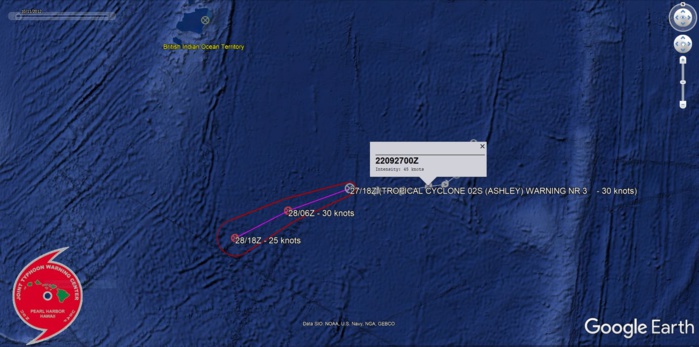 REMARKS: 272100Z POSITION NEAR 13.5S 78.0E. 27SEP22. TROPICAL CYCLONE 02S (ASHLEY), LOCATED APPROXIMATELY 518 NM SOUTHEAST OF DIEGO GARCIA, HAS TRACKED WESTWARD AT 11 KNOTS OVER THE PAST SIX HOURS. ANIMATED ENHANCED INFRARED (EIR)  SATELLITE IMAGERY DEPICTS A FULLY EXPOSED LOW LEVEL CIRCULATION  CENTER DUE TO HIGH NORTH-EASTERLY SHEAR. THE SYSTEM HAS  PROGRESSED INTO GRADUALLY COOLING SEA SURFACE TEMPERATURES NOW  BELOW 26C, INCREASING VERTICAL WINDSHEAR, AND SIGNIFICANT DRY AIR ENTRAINMENT, ALL LEADING TO THE GRADUAL DISSIPATION OF 02S BY TAU  24 IF NOT SOONER. NUMERICAL MODELS AS-WELL AS RELIABLE MODEL  INTENSITY GUIDANCE ARE IN TIGHT AGREEMENT WITH THE JTWC FORECAST  TRACK AND INTENSITY RESPECTIVELY, LENDING HIGH CONFIDENCE TO  EACH. THIS IS THE FINAL WARNING ON THIS SYSTEM BY THE JOINT  TYPHOON WRNCEN PEARL HARBOR HI. THE SYSTEM WILL BE CLOSELY  MONITORED FOR SIGNS OF REGENERATION. MAXIMUM SIGNIFICANT WAVE  HEIGHT AT 271800Z IS 12 FEET.