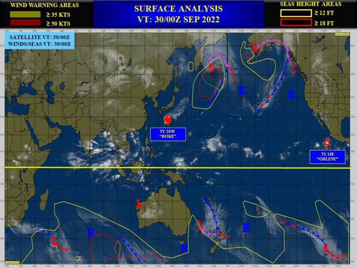 20W(ROKE)gaining latitude&weakening steadily//TS 16E(ORLENE)peaking at CAT2 by 48H//09L(IAN) hybrid features//GTHO map//30/09utc