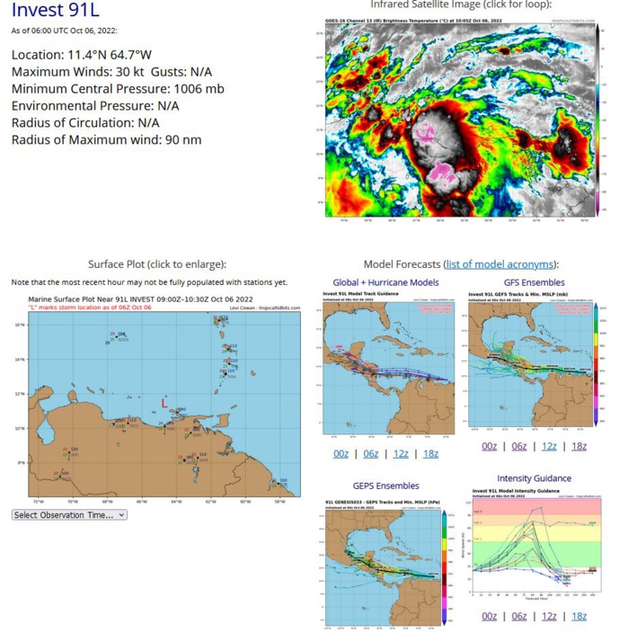 Tropical Weather Outlook NWS National Hurricane Center Miami FL 200 AM EDT Thu Oct 6 2022  For the North Atlantic...Caribbean Sea and the Gulf of Mexico:  Active Systems: The National Hurricane Center is issuing advisories on Tropical  Depression Twelve, located several hundred miles west-northwest of  the Cabo Verde Islands.  Southeastern Caribbean Sea: An area of low pressure located over the far southeastern Caribbean  Sea is producing a large area of showers and thunderstorms over the  southern Windward Islands, northern South America, and adjacent  waters.  Satellite-derived wind data indicate that this system does  not yet have a well-defined center of circulation.  While land  interaction with the northern coast of South America may hinder  significant development during the next day or so, environmental  conditions are expected to be mostly conducive for development as  the system moves generally westward, and a tropical depression is  likely to form in the next couple of days by the time the system  enters the south-central Caribbean Sea.  1. Regardless of development, heavy rainfall with localized flooding,  as well as gusty winds to gale force, are expected over portions of  the Windward Islands, northern portions of Venezuela including  Isla Margarita, and the ABC Islands during the next day or two.   Interests in those locations, in addition to those in Central  America, should continue to monitor the progress of this system. * Formation chance through 48 hours...high...80 percent. * Formation chance through 5 days...high...90 percent.  Key messages for the disturbance over the far southeastern Caribbean  Sea can be found on the National Hurricane Center website at  www.hurricanes.gov  Forecaster Pasch