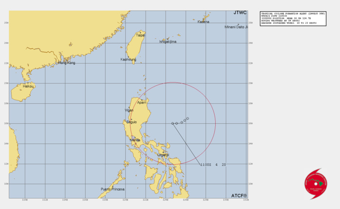 FORMATION OF A SIGNIFICANT TROPICAL CYCLONE IS POSSIBLE WITHIN A 245 NM RADIUS OF 16.0N 124.7E WITHIN THE NEXT 12 TO 24 HOURS. AVAILABLE DATA DOES NOT JUSTIFY ISSUANCE OF NUMBERED TROPICAL CYCLONE WARNINGS AT THIS TIME. WINDS IN THE AREA ARE ESTIMATED TO BE 18 TO 23 KNOTS. METSAT IMAGERY AT 101100Z INDICATES THAT A CIRCULATION CENTER IS LOCATED NEAR 16.0N 124.7E. THE SYSTEM IS MOVING WESTWARD AT 04 KNOTS. 2. REMARKS: THE AREA OF CONVECTION (INVEST 98W) PREVIOUSLY LOCATED NEAR 16.2N 124.5 IS NOW LOCATED NEAR 16.0N 124.7E, APPROXIMATELY 331 NM ENE OF MANILA, PHILIPPINES. ENHANCED MULTISPECTRAL SATELLITE IMAGERY (MSI) AND SCATTEROMETRY DATA DEPICT A WELL-ROUNDED LOW LEVEL CIRCULATION TUCKED BENEATH THE SOUTHEAST SIDE OF INTENSE BUT DISORGANIZED CONVECTION WHICH HAS PERSISTED FOR THE PAST FOUR HOURS. A 110112Z ASCAT METOP-C PARTIAL PASS SHOWED 30-35KT NORTHERLY WINDS ASSOCIATED WITH A NE SURGE EVENT, SURGING DOWN FROM THE LUZON STRAIGHT, AND 20-25KTS WINDS ON THE EAST SIDE OF LUZON BEGINNING TO WRAP TO THE SOUTHWEST OF THE LLCC. WINDS ON THE EASTERN SIDE OF THE CIRCULATION ARE MUCH LOWER, IN THE 10-15 KNOT RANGE BASED ON EARLIER SCATTEROMETER DATA. ANALYSIS REVEALS A SMALL UPPER-LEVEL ANTICYCLONE DIRECTLY OVER TOP OF THE LOW LEVEL CIRCULATION, PROVIDING GOOD RADIAL OUTFLOW AND LOW VERTICAL WIND SHEAR (10-15 KNOTS), WITH SUPPORTIVELY WARM SSTS (30-31C). MODEL GUIDANCE SHOWS THE SYSTEM DRIFTING SLOW TOWARDS THE WEST BUT REMAINING EAST OF LUZON, BLOCKED BOTH BY THE TERRAIN OF LUZON ITSELF AND THE STRONG NE SURGE FLOW ACTING AS A BARRIER. THE MODEL TRACKERS JUMP CIRCULATIONS AFTER ABOUT TAU 36, INTO THE SOUTH CHINA SEA INTO A SEPARATE AND DISTINCT AREA OF VORTICITY. THUS THE GUIDANCE IS UNRELIABLE AT THIS POINT, ESPECIALLY BEYOND ABOUT 36 HOURS. UP TO THAT POINT THE BULK OF THE INTENSITY GUIDANCE SUGGESTS A BRIEF WINDOW OF OPPORTUNITY FOR THE SYSTEM TO DEVELOP BUT THEN DEPICTS WEAKENING AND ULTIMATE DISSIPATION AFTER TAU 36 TO THE EAST OF LUZON. MAXIMUM SUSTAINED SURFACE WINDS ARE ESTIMATED AT 18 TO 23 KNOTS. MINIMUM SEA LEVEL PRESSURE IS ESTIMATED TO BE NEAR 1005 MB. THE POTENTIAL FOR THE DEVELOPMENT OF A SIGNIFICANT TROPICAL CYCLONE WITHIN THE NEXT 24 HOURS IS HIGH. FORMATION OF A SIGNIFICANT TROPICAL CYCLONE IS POSSIBLE WITHIN A 245 NM RADIUS OF 16.0N 124.7E WITHIN THE NEXT 12 TO 24 HOURS. AVAILABLE DATA DOES NOT JUSTIFY ISSUANCE OF NUMBERED TROPICAL CYCLONE WARNINGS AT THIS TIME. WINDS IN THE AREA ARE ESTIMATED TO BE 18 TO 23 KNOTS. METSAT IMAGERY AT 101100Z INDICATES THAT A CIRCULATION CENTER IS LOCATED NEAR 16.0N 124.7E. THE SYSTEM IS MOVING WESTWARD AT 04 KNOTS. 2. REMARKS: THE AREA OF CONVECTION (INVEST 98W) PREVIOUSLY LOCATED NEAR 16.2N 124.5 IS NOW LOCATED NEAR 16.0N 124.7E, APPROXIMATELY 331 NM ENE OF MANILA, PHILIPPINES. ENHANCED MULTISPECTRAL SATELLITE IMAGERY (MSI) AND SCATTEROMETRY DATA DEPICT A WELL-ROUNDED LOW LEVEL CIRCULATION TUCKED BENEATH THE SOUTHEAST SIDE OF INTENSE BUT DISORGANIZED CONVECTION WHICH HAS PERSISTED FOR THE PAST FOUR HOURS. A 110112Z ASCAT METOP-C PARTIAL PASS SHOWED 30-35KT NORTHERLY WINDS ASSOCIATED WITH A NE SURGE EVENT, SURGING DOWN FROM THE LUZON STRAIGHT, AND 20-25KTS WINDS ON THE EAST SIDE OF LUZON BEGINNING TO WRAP TO THE SOUTHWEST OF THE LLCC. WINDS ON THE EASTERN SIDE OF THE CIRCULATION ARE MUCH LOWER, IN THE 10-15 KNOT RANGE BASED ON EARLIER SCATTEROMETER DATA. ANALYSIS REVEALS A SMALL UPPER-LEVEL ANTICYCLONE DIRECTLY OVER TOP OF THE LOW LEVEL CIRCULATION, PROVIDING GOOD RADIAL OUTFLOW AND LOW VERTICAL WIND SHEAR (10-15 KNOTS), WITH SUPPORTIVELY WARM SSTS (30-31C). MODEL GUIDANCE SHOWS THE SYSTEM DRIFTING SLOW TOWARDS THE WEST BUT REMAINING EAST OF LUZON, BLOCKED BOTH BY THE TERRAIN OF LUZON ITSELF AND THE STRONG NE SURGE FLOW ACTING AS A BARRIER. THE MODEL TRACKERS JUMP CIRCULATIONS AFTER ABOUT TAU 36, INTO THE SOUTH CHINA SEA INTO A SEPARATE AND DISTINCT AREA OF VORTICITY. THUS THE GUIDANCE IS UNRELIABLE AT THIS POINT, ESPECIALLY BEYOND ABOUT 36 HOURS. UP TO THAT POINT THE BULK OF THE INTENSITY GUIDANCE SUGGESTS A BRIEF WINDOW OF OPPORTUNITY FOR THE SYSTEM TO DEVELOP BUT THEN DEPICTS WEAKENING AND ULTIMATE DISSIPATION AFTER TAU 36 TO THE EAST OF LUZON. MAXIMUM SUSTAINED SURFACE WINDS ARE ESTIMATED AT 18 TO 23 KNOTS. MINIMUM SEA LEVEL PRESSURE IS ESTIMATED TO BE NEAR 1005 MB. THE POTENTIAL FOR THE DEVELOPMENT OF A SIGNIFICANT TROPICAL CYCLONE WITHIN THE NEXT 24 HOURS IS HIGH.