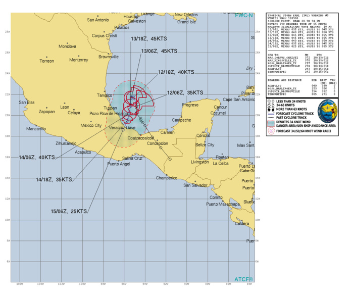 Tropical Storm Karl Discussion Number 3 NWS National Hurricane Center Miami FL AL142022 400 AM CDT Wed Oct 12 2022 Karl has not changed much in organization over the past several hours. The central convection is currently minimal, with the primary convection occurring in bands somewhat removed from the center in the eastern semicircle. NOAA buoy 42055 located to the northeast of the center has reported 1-min average winds of up to 33 kt, and based on this plus a satellite intensity estimate from TAFB, the initial intensity remains 35 kt. The initial motion is 340/5 kt. A general north-northwestward motion is expected to continue through today. After that, a ridge of high pressure is forecast to build to the northwest of Karl over northern Mexico. The flow around the southeastern flank of this anticyclone is expected to cause Karl to make a left hairpin turn and move southward to south-southwestward by 36-48 h. The latest track guidance has shifted eastward from the previous runs, with several models now showing a right hairpin turn and a east of south motion toward the coast of Mexico. The new forecast track is shifted eastward from the previous forecast, but lies to the west of the current consensus models. If the models do not shift back westward, additional eastward adjustments may be necessary later today. Karl is currently located within an environment of light to moderate southwesterly shear and over warm sea surface temperatures. This should allow some strengthening through the next 24 h. After that time, increasing northwesterly shear and decreasing mid-level relative humidity are likely to cause some weakening before landfall. After Karl moves onshore, rapid decay is expected due to the mountainous terrain, and Karl is likely to dissipate just after 72 h. The new intensity forecast has only minor adjustments from the previous forecast and is on the high side of the intensity guidance. Key Messages: 1. Heavy rainfall could produce instances of flash flooding, with mudslides in areas of higher terrain, across portions of Vera Cruz and Tabasco states in Mexico. 2. Tropical storm conditions are possible in the watch area in Mexico starting on Thursday night. Tropical Storm Karl Discussion Number 3 NWS National Hurricane Center Miami FL AL142022 400 AM CDT Wed Oct 12 2022 Karl has not changed much in organization over the past several hours. The central convection is currently minimal, with the primary convection occurring in bands somewhat removed from the center in the eastern semicircle. NOAA buoy 42055 located to the northeast of the center has reported 1-min average winds of up to 33 kt, and based on this plus a satellite intensity estimate from TAFB, the initial intensity remains 35 kt. The initial motion is 340/5 kt. A general north-northwestward motion is expected to continue through today. After that, a ridge of high pressure is forecast to build to the northwest of Karl over northern Mexico. The flow around the southeastern flank of this anticyclone is expected to cause Karl to make a left hairpin turn and move southward to south-southwestward by 36-48 h. The latest track guidance has shifted eastward from the previous runs, with several models now showing a right hairpin turn and a east of south motion toward the coast of Mexico. The new forecast track is shifted eastward from the previous forecast, but lies to the west of the current consensus models. If the models do not shift back westward, additional eastward adjustments may be necessary later today. Karl is currently located within an environment of light to moderate southwesterly shear and over warm sea surface temperatures. This should allow some strengthening through the next 24 h. After that time, increasing northwesterly shear and decreasing mid-level relative humidity are likely to cause some weakening before landfall. After Karl moves onshore, rapid decay is expected due to the mountainous terrain, and Karl is likely to dissipate just after 72 h. The new intensity forecast has only minor adjustments from the previous forecast and is on the high side of the intensity guidance. Key Messages: 1. Heavy rainfall could produce instances of flash flooding, with mudslides in areas of higher terrain, across portions of Vera Cruz and Tabasco states in Mexico. 2. Tropical storm conditions are possible in the watch area in Mexico starting on Thursday night.