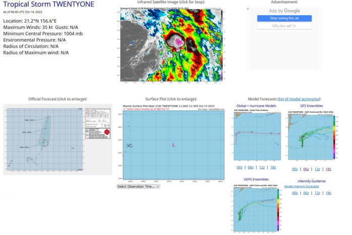SATELLITE ANALYSIS, INITIAL POSITION AND INTENSITY DISCUSSION: TROPICAL STORM (TS) 21W IS EMBEDDED UNDER STRONG SOUTHERLY FLOW WITHIN THE EASTERN PERIPHERY OF A BROAD, SUBTROPICAL UPPER-LEVEL LOW POSITIONED NEAR 23N 152E. CONSEQUENTLY, ENVIRONMENTAL CONDITIONS ARE MARGINAL WITH LOW TO MODERATE VERTICAL WIND SHEAR OFFSET BY ROBUST POLEWARD OUTFLOW. ANIMATED MULTISPECTRAL SATELLITE IMAGERY (MSI) DEPICTS A SMALL, WELL-DEFINED LOW-LEVEL CIRCULATION (LLC) ACCELERATING POLEWARD WITH FLARING DEEP CONVECTION OVER THE LLC. A 140641Z SSMIS 91GHZ COLOR COMPOSITE MICROWAVE IMAGE SHOWS FRAGMENTED CONVECTIVE BANDING OVER THE EASTERN AND NORTHERN QUADRANTS OF THE SMALL SYSTEM. THE SYSTEM IS LOCATED WITHIN THE NORTHEASTERN PERIPHERY OF A LARGE LOW PRESSURE AREA, WHICH IS DEVELOPING AT THE SURFACE IN ASSOCIATION WITH THE UPPER-LEVEL SUBTROPICAL LOW. THE INITIAL POSITION IS PLACED WITH MEDIUM CONFIDENCE BASED ON THE MSI. THE INITIAL INTENSITY OF 35 KTS IS ASSESSED WITH MEDIUM CONFIDENCE BASED ON THE PGTW DVORAK FIX. SATELLITE ANALYSIS, INITIAL POSITION AND INTENSITY DISCUSSION: TROPICAL STORM (TS) 21W IS EMBEDDED UNDER STRONG SOUTHERLY FLOW WITHIN THE EASTERN PERIPHERY OF A BROAD, SUBTROPICAL UPPER-LEVEL LOW POSITIONED NEAR 23N 152E. CONSEQUENTLY, ENVIRONMENTAL CONDITIONS ARE MARGINAL WITH LOW TO MODERATE VERTICAL WIND SHEAR OFFSET BY ROBUST POLEWARD OUTFLOW. ANIMATED MULTISPECTRAL SATELLITE IMAGERY (MSI) DEPICTS A SMALL, WELL-DEFINED LOW-LEVEL CIRCULATION (LLC) ACCELERATING POLEWARD WITH FLARING DEEP CONVECTION OVER THE LLC. A 140641Z SSMIS 91GHZ COLOR COMPOSITE MICROWAVE IMAGE SHOWS FRAGMENTED CONVECTIVE BANDING OVER THE EASTERN AND NORTHERN QUADRANTS OF THE SMALL SYSTEM. THE SYSTEM IS LOCATED WITHIN THE NORTHEASTERN PERIPHERY OF A LARGE LOW PRESSURE AREA, WHICH IS DEVELOPING AT THE SURFACE IN ASSOCIATION WITH THE UPPER-LEVEL SUBTROPICAL LOW. THE INITIAL POSITION IS PLACED WITH MEDIUM CONFIDENCE BASED ON THE MSI. THE INITIAL INTENSITY OF 35 KTS IS ASSESSED WITH MEDIUM CONFIDENCE BASED ON THE PGTW DVORAK FIX.