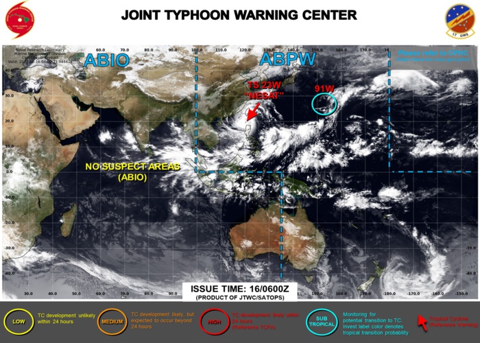 JTWC IS ISSUING 6HOURLY SATELLITE BULLETINS ON 23W(NESAT). 3HOURLY SATELLITE BULLETINS ARE ISSUED ON 23W AND INVEST 91W.