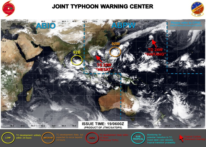 JTWC IS ISSUING 6HOURLY WARNINGS ON 23W(NESAT). 3HOURLY SATELLITE BULLETINS ARE ISSUED ON 23W, ON THE REMNANTS OF 24W(HAITANG) AND ON INVEST 92W.