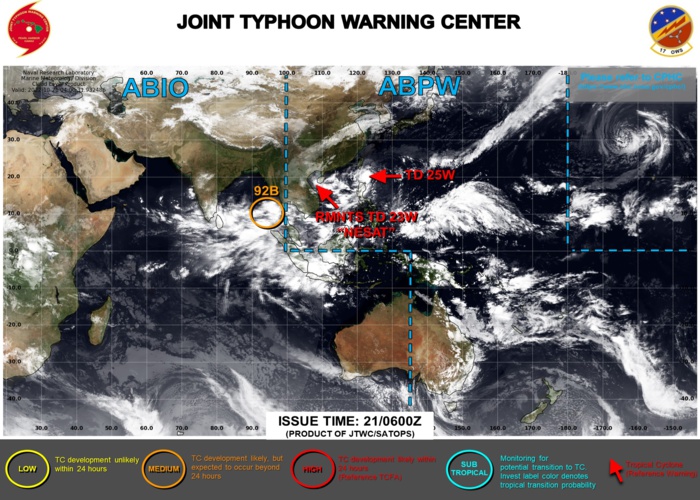JTWC IS ISSUING 6HOURLY WARNINGS AND 3HOURLY SATELLITE BULLETINS ON 25W. 3HOURLY SATELLITE BULLETINS WERE DISCONTINUED AT 21/0530UTC ON THE REMNANTS OF 23W(NESAT).