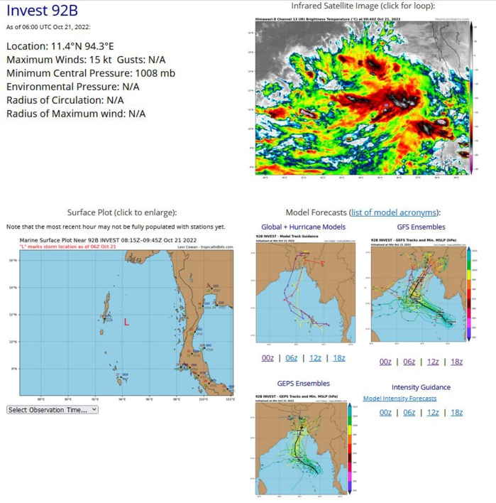 THE AREA OF CONVECTION (INVEST 92B) PREVIOUSLY LOCATED NEAR  10.3N 96.7E IS NOW LOCATED NEAR 10.9N 95.0E, APPROXIMATELY 141 NM EAST- SOUTHEAST OF PORT BLAIR, ANDAMAN ISLANDS. ANIMATED MULTISPECTRAL  SATELLITE IMAGERY (MSI) SHOWS A PERSISTENT, BROAD ELONGATED DISTURBANCE  IN THE SOUTHEASTERN REGION OF THE ANDAMAN SEA. THE SYSTEM IS EXHIBITING  FRAGMENTED DEEP CONVECTION, WHICH IS OBSCURING A SLOWLY CONSOLIDATING  LOW LEVEL CIRCULATION CENTER (LLCC).  AN EARLIER 202303Z SSMIS MICROWAVE  IMAGE REVEALS SHALLOW BANDING WRAPPING INTO AN ELONGATED LLCC POSITIONED  ALONG THE SOUTHWESTERN EDGE OF A CURVED FRAGMENTED CONVECTIVE BAND.   EARLIER SCATTEROMETRY DATA INDICATED AN ELONGATED LLCC WITH WIND SPEEDS  UP TO 15-20 KTS ALONG THE NORTHEASTERN PERIPHERY OF THE CIRCULATION.   CURRENTLY, UPPER LEVEL ANALYSIS INDICATES INVEST 92B IS IN A MARGINALLY  FAVORABLE ENVIRONMENT CHARACTERIZED BY MODERATE (10-15 KTS) VERTICAL  WIND SHEARS (VWS), MODERATE EQUATORWARD OUTFLOW, AND WARM SEA SURFACE  TEMPERATURES (27-28C). GLOBAL MODELS ARE IN GOOD AGREEMENT THAT 92B WILL  CONTINUE TO TRACK GENERALLY NORTHWESTWARD AND THEN NORTHWARD, WHILE  STEADILY INTENSIFYING AS THE ENVIRONMENT CONDITIONS BECOME MORE  CONDUCIVE FOR FURTHER DEVELOPMENT. MAXIMUM SUSTAINED SURFACE WINDS ARE  ESTIMATED AT 15 TO 20 KNOTS. MINIMUM SEA LEVEL PRESSURE IS ESTIMATED TO  BE NEAR 1006 MB. THE POTENTIAL FOR THE DEVELOPMENT OF A SIGNIFICANT  TROPICAL CYCLONE WITHIN THE NEXT 24 HOURS IS UPGRADED TO MEDIUM.