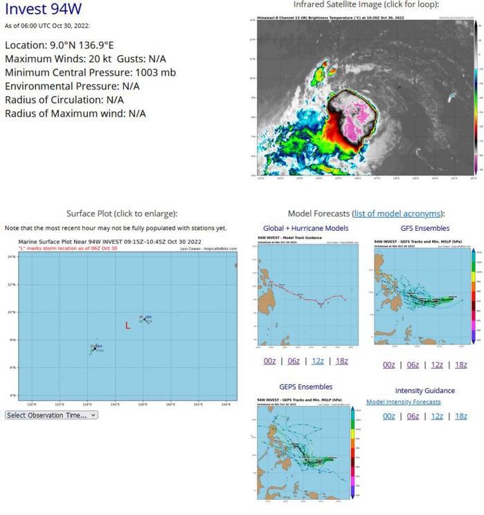 THE AREA OF CONVECTION (INVEST 94W) PREVIOUSLY LOCATED NEAR  8.8N 139.4E IS NOW LOCATED NEAR 9.0N 138.1E, APPROXIMATELY 233 NM  EAST-NORTHEAST OF PALAU. ANIMATED MULTISPECTRAL SATELLITE AND  ENHANCED INFRARED IMAGERY DEPICT A CONSOLIDATING LOW LEVEL  CIRCULATION COVERED BY DENSE CONVECTION. A 291849 SSMIS 91GHZ PASS  CONFIRMED THE TIGHTLY CONSOLIDATED LLCC TO THE SE OF YAP, CENTERED ON  THE NORTHEAST EDGE OF THE DEEP CONVECTIVE MASS. UPPER LEVEL ANALYSIS  INDICATES THAT WHILE THE STRONG UPPER LEVEL NORTHEASTERLY FLOW UP TO  40-50 KNOTS IS PRESENT ACROSS THE REGION, 94W IS COCOONED WITHIN A  FAVORABLE BUBBLE OF LOW (5-10KT) VWS, NESTLED UNDER A REGION OF  HIGHLY DIVERGENT FLOW ALOFT.  THE SYSTEM HAS GOOD EQUATORWARD OUTFLOW  AND A GOOD FUEL SOURCE OF 30C SST AND 125KJ OCEAN HEAT CONTENT. THE  850MB VORTICITY CHART ALSO DEPICTS A STRONG, SYMMETRICAL VORTICITY  SIGNATURE ASSOCIATED WITH 94W. GLOBAL MODELS JUMPED BACK ON BOARD  WITH DEVELOPMENT OF THE SYSTEM, SHOWING A SLOW AND GRADUAL  INTENSIFICATION OVER THE NEXT 24-36 HOURS WITH A WOBBLY TRACK WEST- NORTHWEST TOWARDS THE PHILIPPINES. MAXIMUM SUSTAINED SURFACE WINDS  ARE ESTIMATED AT 18 TO 23 KNOTS. MINIMUM SEA LEVEL PRESSURE IS  ESTIMATED TO BE NEAR 1003 MB. THE POTENTIAL FOR THE DEVELOPMENT OF A  SIGNIFICANT TROPICAL CYCLONE WITHIN THE NEXT 24 HOURS REMAINS HIGH.