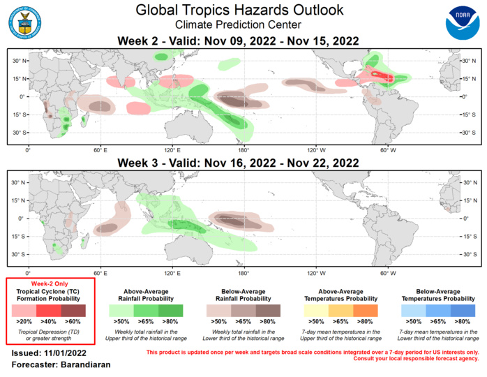 Outlook Discussion Last Updated - 11/01/22 Valid - 11/09/22 - 11/22/22 ﻿The state of the Madden-Julian Oscillation (MJO) has been muddled lately while the ongoing La Niña continues to dominate the global tropical convection pattern. Enhanced (suppressed) convection remains over the Maritime Continent (near the Date Line) but otherwise there is little organization with respect to tropical convection. There has been very little eastward propagation of the main convective envelope. This is evident in the RMM index, which has oscillated in intensity but has remained along the boundary between phases 6 and 7 for nearly two weeks. Looking ahead, most dynamical model depictions of the RMM index continue to keep the signal confined to the top half of the diagram. Rapid eastward propagation in week 1 is a common feature in model solutions consistent with Kelvin wave activity, before moving the index back towards phase 6 or within the unit circle in weeks 2 and 3.  The last week has seen tropical cyclone (TC) activity in the West Pacific and Atlantic Basins. On October 26, TC Nalgae formed several hundred miles east of the Philippines. As this system tracked west over the Philippines and is currently over the South China Sea, it is anticipated to make landfall over the southern coast of China in the coming days. On October 30, TC Banyan formed in nearly the same location as Nalgae. The remnants of this short-lived TC are just east of the Philippines and will bring periods of heavy rain to the southern and central Philippines. Please refer to the Joint Typhoon Warning Center for the latest information on TCs Nalgae and Banyan. In the Atlantic Basin, TC Lisa formed in the central Caribbean on October 31, and TC Martin formed northeast of Bermuda in the North Atlantic Ocean. Lisa is moving west through the Caribbean and is forecast to make landfall in Central America in the next 36-48 hours. Martin is moving northward and is not likely to have any impacts on land. Please refer to the National Hurricane Center for the latest information on TCs Lisa and Martin.  Looking ahead to week 2, the near-stationary MJO and La Niña base state provide favorable conditions for continued TC formation for the West Pacific. Model guidance from the ECMWF and GEFS indicate increased probabilities of TC formation covering a broad area from the South China Sea eastward into Philippine Sea and Pacific waters south of Japan. Anomalous low-level westerlies, which have been favorable to TC development recently, are forecast to continue over the tropical southeastern Indian Ocean, therefore a slight probability of TC formation is included for the region. In the Caribbean Sea, both the GEFS and ECMWF show an increased probability of TC formation in week two, with increased Rossby wave activity and SSTs still warm enough to fuel TC genesis.  The precipitation outlook for the next two weeks is based on anticipated TC tracks, ongoing La Nina conditions, and consensus of GEFS, CFS, and ECMWF ensemble mean solutions. Suppressed (enhanced) rainfall continues near and to the west of the Date Line (over the Maritime Continent) due to ongoing La Nina conditions. A secondary area of below-normal precipitation is favored for the western tropical Indian Ocean for weeks 2 and 3. Above normal precipitation is favored during week 2 for the northern coast of South America and the eastern Caribbean, consistent with heightened TC activity during this time period.