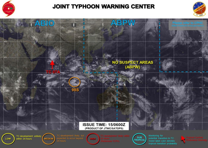 JTWC IS ISSUING 6HOURLY WARNINGS ON TC 07A. 3HOURLY SATELLITE BULLETINS ARE ISSUED ON 07A AND INVEST 98S. JTWC IS ISSUING 6HOURLY WARNINGS ON TC 07A. 3HOURLY SATELLITE BULLETINS ARE ISSUED ON 07A AND INVEST 98S.