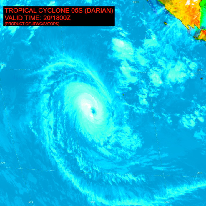 SATELLITE ANALYSIS, INITIAL POSITION AND INTENSITY DISCUSSION: TROPICAL CYCLONE DARIAN HAS EXCEEDED ALL EXPECTATIONS, AND RAPIDLY INTENSIFIED INTO A 130-KNOT MONSTER. ANIMATED ENHANCED INFRARED (EIR) SATELLITE IMAGERY DEPICTS A 30NM WIDE EYE, WITH EYE TEMPERATURES MEASURED AT +7C AT ANALYSIS TIME, NOW MEASURED AT +14C AN HOUR LATER. THE SYSTEM IS EXHIBITING SOME FEATURES OF AN ANNULAR TROPICAL CYCLONE, WITH MINIMAL BANDING FEATURES CONSTRAINED TO THE WESTERN SIDE OF THE CIRCULATION AND AN EYE SURROUNDED BY A RING OF FAIRLY CONSISTENT -75C CLOUD TOPS. THE MOST RECENT MICROWAVE IMAGE WAS AN SSMIS PASS FROM 201218Z WHICH SHOWED A NEARLY COMPLETE EYEWALL, THOUGH STILL OPEN ON THE NORTHEAST SIDE AND THE ONE BANDING FEATURE DISPLACED TO THE WEST. BASED ON THE DRAMATICALLY IMPROVED INFRARED STRUCTURE, IT CAN BE SAFELY ASSUMED THE EYEWALL IS NOW COMPLETELY CLOSED. THE INITIAL POSITION IS ASSESSED WITH HIGH CONFIDENCE BASED ON THE 30NM EYE IN THE EIR. THE INITIAL INTENSITY IS ASSESSED WITH HIGH CONFIDENCE BASED ON A BLEND OF AGENCY FIXES BETWEEN 115-140 KNOTS, WITH A SUPPORT FROM THE ADT (134 KNOTS), AIDT (132 KNOTS), OPEN-AIIR (129 KNOTS) AND THE SATCON OF 121 KNOTS. THE SYSTEM REMAINS COCOONED IN A FAVORABLE ENVIRONMENT CHARACTERIZED BY LOW VERTICAL WIND SHEAR (VWS), MODERATE RADIAL OUTFLOW WITH A SLIGHT BIT OF POLEWARD OUTFLOW AS WELL. SSTS ARE MARGINAL AT 26-27C AND MAY BE SLIGHTLY COOLER DUE TO UPWELLING, BUT CLEARLY THE SYSTEM HAS BEEN ABLE TO OVERCOME THIS MARGINAL PARAMETER.
