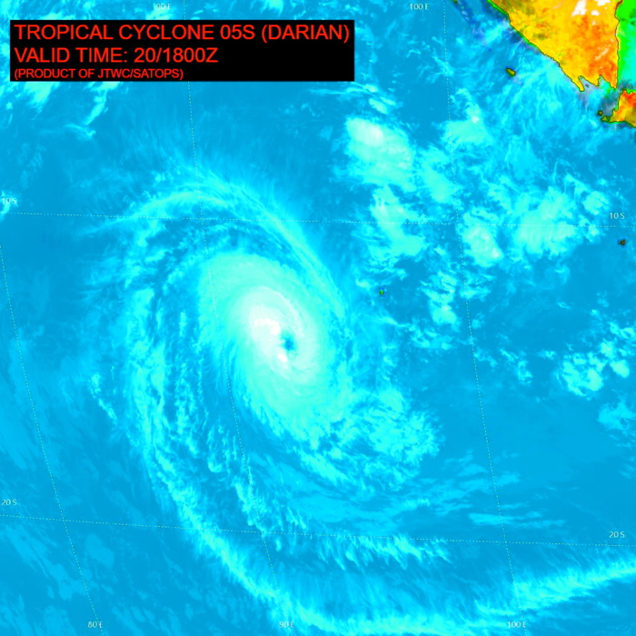 SATELLITE ANALYSIS, INITIAL POSITION AND INTENSITY DISCUSSION: TROPICAL CYCLONE DARIAN HAS EXCEEDED ALL EXPECTATIONS, AND RAPIDLY INTENSIFIED INTO A 130-KNOT MONSTER. ANIMATED ENHANCED INFRARED (EIR) SATELLITE IMAGERY DEPICTS A 30NM WIDE EYE, WITH EYE TEMPERATURES MEASURED AT +7C AT ANALYSIS TIME, NOW MEASURED AT +14C AN HOUR LATER. THE SYSTEM IS EXHIBITING SOME FEATURES OF AN ANNULAR TROPICAL CYCLONE, WITH MINIMAL BANDING FEATURES CONSTRAINED TO THE WESTERN SIDE OF THE CIRCULATION AND AN EYE SURROUNDED BY A RING OF FAIRLY CONSISTENT -75C CLOUD TOPS. THE MOST RECENT MICROWAVE IMAGE WAS AN SSMIS PASS FROM 201218Z WHICH SHOWED A NEARLY COMPLETE EYEWALL, THOUGH STILL OPEN ON THE NORTHEAST SIDE AND THE ONE BANDING FEATURE DISPLACED TO THE WEST. BASED ON THE DRAMATICALLY IMPROVED INFRARED STRUCTURE, IT CAN BE SAFELY ASSUMED THE EYEWALL IS NOW COMPLETELY CLOSED. THE INITIAL POSITION IS ASSESSED WITH HIGH CONFIDENCE BASED ON THE 30NM EYE IN THE EIR. THE INITIAL INTENSITY IS ASSESSED WITH HIGH CONFIDENCE BASED ON A BLEND OF AGENCY FIXES BETWEEN 115-140 KNOTS, WITH A SUPPORT FROM THE ADT (134 KNOTS), AIDT (132 KNOTS), OPEN-AIIR (129 KNOTS) AND THE SATCON OF 121 KNOTS. THE SYSTEM REMAINS COCOONED IN A FAVORABLE ENVIRONMENT CHARACTERIZED BY LOW VERTICAL WIND SHEAR (VWS), MODERATE RADIAL OUTFLOW WITH A SLIGHT BIT OF POLEWARD OUTFLOW AS WELL. SSTS ARE MARGINAL AT 26-27C AND MAY BE SLIGHTLY COOLER DUE TO UPWELLING, BUT CLEARLY THE SYSTEM HAS BEEN ABLE TO OVERCOME THIS MARGINAL PARAMETER. SATELLITE ANALYSIS, INITIAL POSITION AND INTENSITY DISCUSSION: TROPICAL CYCLONE DARIAN HAS EXCEEDED ALL EXPECTATIONS, AND RAPIDLY INTENSIFIED INTO A 130-KNOT MONSTER. ANIMATED ENHANCED INFRARED (EIR) SATELLITE IMAGERY DEPICTS A 30NM WIDE EYE, WITH EYE TEMPERATURES MEASURED AT +7C AT ANALYSIS TIME, NOW MEASURED AT +14C AN HOUR LATER. THE SYSTEM IS EXHIBITING SOME FEATURES OF AN ANNULAR TROPICAL CYCLONE, WITH MINIMAL BANDING FEATURES CONSTRAINED TO THE WESTERN SIDE OF THE CIRCULATION AND AN EYE SURROUNDED BY A RING OF FAIRLY CONSISTENT -75C CLOUD TOPS. THE MOST RECENT MICROWAVE IMAGE WAS AN SSMIS PASS FROM 201218Z WHICH SHOWED A NEARLY COMPLETE EYEWALL, THOUGH STILL OPEN ON THE NORTHEAST SIDE AND THE ONE BANDING FEATURE DISPLACED TO THE WEST. BASED ON THE DRAMATICALLY IMPROVED INFRARED STRUCTURE, IT CAN BE SAFELY ASSUMED THE EYEWALL IS NOW COMPLETELY CLOSED. THE INITIAL POSITION IS ASSESSED WITH HIGH CONFIDENCE BASED ON THE 30NM EYE IN THE EIR. THE INITIAL INTENSITY IS ASSESSED WITH HIGH CONFIDENCE BASED ON A BLEND OF AGENCY FIXES BETWEEN 115-140 KNOTS, WITH A SUPPORT FROM THE ADT (134 KNOTS), AIDT (132 KNOTS), OPEN-AIIR (129 KNOTS) AND THE SATCON OF 121 KNOTS. THE SYSTEM REMAINS COCOONED IN A FAVORABLE ENVIRONMENT CHARACTERIZED BY LOW VERTICAL WIND SHEAR (VWS), MODERATE RADIAL OUTFLOW WITH A SLIGHT BIT OF POLEWARD OUTFLOW AS WELL. SSTS ARE MARGINAL AT 26-27C AND MAY BE SLIGHTLY COOLER DUE TO UPWELLING, BUT CLEARLY THE SYSTEM HAS BEEN ABLE TO OVERCOME THIS MARGINAL PARAMETER.