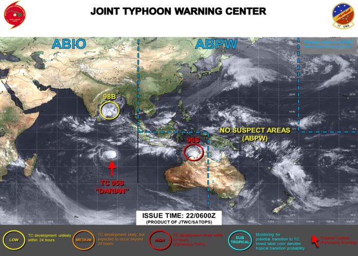 JTWC IS ISSUING 12HOURLY WARNINGS AND 3HOURLY SATELLITE BULLETINS ON TC 05S(DARIAN). 3HOURLY SATELLITE BULLETINS ARE ISSUED ON INVEST 90S AND INVEST 98B. JTWC IS ISSUING 12HOURLY WARNINGS AND 3HOURLY SATELLITE BULLETINS ON TC 05S(DARIAN). 3HOURLY SATELLITE BULLETINS ARE ISSUED ON INVEST 90S AND INVEST 98B.