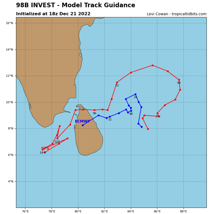 GLOBAL MODELS ARE IN  GOOD AGREEMENT THAT 98B WILL CONTINUE TO TRACK GENERALLY NORTHWARD  OVER THE NEXT 24-48 HOURS AND GRADUALLY INTENSIFY; HOWEVER, THE  INCREASING VWS WILL LIKELY HINDER DEVELOPMENT INTO A SIGNIFICANT  TROPICAL CYCLONE.