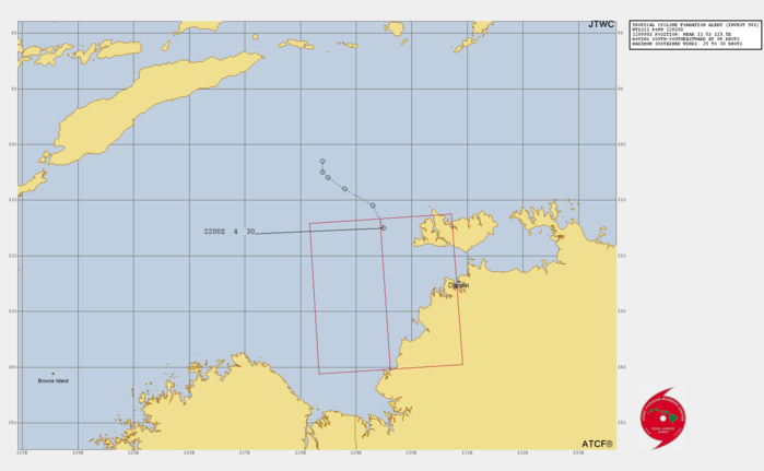 THE AREA OF CONVECTION (INVEST 90S) PREVIOUSLY LOCATED NEAR  10.8S 128.1E IS NOW LOCATED NEAR 11.5S 129.5E, APPROXIMATELY 98 NM  NORTHWEST OF DARWIN, AUSTRALIA. ANIMATED ENHANCED INFRARED SATELLITE  IMAGERY SHOWS A PERSISTENT AND CONSOLIDATING AREA OF DEEP CONVECTION  THAT IS SHEARED WESTWARD OF THE LOW LEVEL CIRCULATION. ANALYSIS  INDICATES 90S IS IN A MARGINALLY FAVORABLE ENVIRONMENT FOR DEVELOPMENT  WITH GOOD DIVERGENCE ALOFT AND VERY WARM (30-31C) SST IN THE TIMOR SEA  OFFSET BY HIGH (25-30 KNOT) EASTERLY VWS. GLOBAL MODELS ARE IN GOOD  AGREEMENT THAT 90S WILL MOVE MORE SOUTHWARD OVER THE NEXT 24-48 HOURS  AND POSSIBLY INTENSIFY TO WARNING CRITERIA AS IT TRACKS INTO AN AREA  OF FAVORABLE VWS JUST BEFORE IT MAKES LANDFALL SOUTH OF JOSEPH  BONAPARTE GULF. MAXIMUM SUSTAINED SURFACE WINDS ARE ESTIMATED AT 25 TO  30 KNOTS. MINIMUM SEA LEVEL PRESSURE IS ESTIMATED TO BE NEAR 996 MB.  THE POTENTIAL FOR THE DEVELOPMENT OF A SIGNIFICANT TROPICAL CYCLONE  WITHIN THE NEXT 24 HOURS IS UPGRADED TO HIGH.