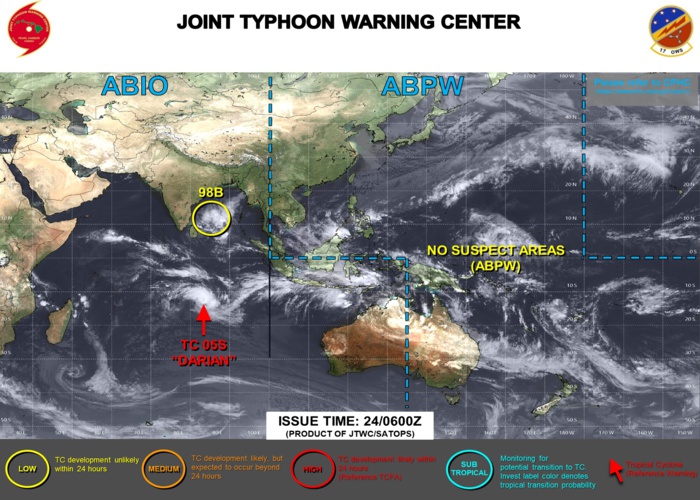JTWC IS ISSUING 12HOURLY WARNINGS AND 3HOURLY SATELLITE BULLETINS ON TC 05S(DARIAN). 3HOURLY SATELLITE BULLETINS ARE ISSUED ON INVEST 98B.
