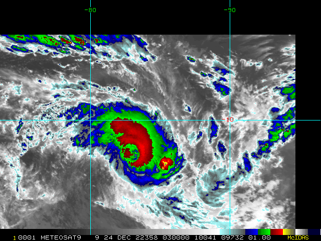 SATELLITE ANALYSIS, INITIAL POSITION AND INTENSITY DISCUSSION: ANIMATED ENHANCED INFRARED (EIR) SATELLITE IMAGERY DEPICTS A RAGGED EYE FEATURE, WHICH HAS SIGNIFICANTLY ERODED SINCE THE IMPRESSIVE PEAK 12 HOURS AGO. THE CLOUD TOPS SURROUNDING THE EYE HAVE WARMED TO -70 TO -78 CELSIUS, WHILE THE EYE TEMPERATURE HAS NOW TURNED NEGATIVE AGAIN. A SERIES OF 91GHZ MICROWAVE IMAGERY SHOWED SIGNS OF AN EYEWALL REPLACEMENT CYCLE (EWRC) BEGINNING AROUND THE 231800Z HOUR, WITH THE GMI 89GHZ IMAGE AT THAT TIME SHOWING THE FIRST SIGNS OF A SECONDARY EYEWALL, WHICH WAS MORE PRONOUNCED BY THE 232215Z IMAGE AND BY THE 240015 SSMIS PASS, THE SECONDARY EYEWALL APPEARS TO HAVE MERGED WITH THE INNER ONE. THE CIMSS M-PERC FORECAST INDICATED A HIGH LIKELIHOOD OF AN EWRC AFTER THE 231200Z HOUR, WHICH APPEARS TO HAVE BORN OUT. COMBINED WITH THE NOW QUASI-STATIONARY MOTION RESULTING IN SIGNIFICANT UPWELLING OF COOLER WATERS, THE SYSTEM HAS BEGUN TO RAPIDLY WEAKEN. THE INITIAL INTENSITY IS LOWERED TO 115 KNOTS WITH MEDIUM CONFIDENCE, GENERALLY NEAR THE AVERAGE BETWEEN THE AGENCY DATA-T NUMBERS AND CURRENT INTENSITY ESTIMATES, SUPPORTED BY 110-115 KNOT ESTIMATES FROM ADT, OPEN-AIIR AND A 232016Z AMSR2 WINDSPEED ESTIMATE OF 111 KNOTS. THE SYSTEM IS NOW IN A WEAK STEERING ENVIRONMENT LEADING TO QUASI-STATIONARY MOTION OF THE PAST SIX HOURS. CONDITIONS ARE GENERALLY FAVORABLE WITH THE EXCEPTION OF THE LOCALIZED COOL SSTS.